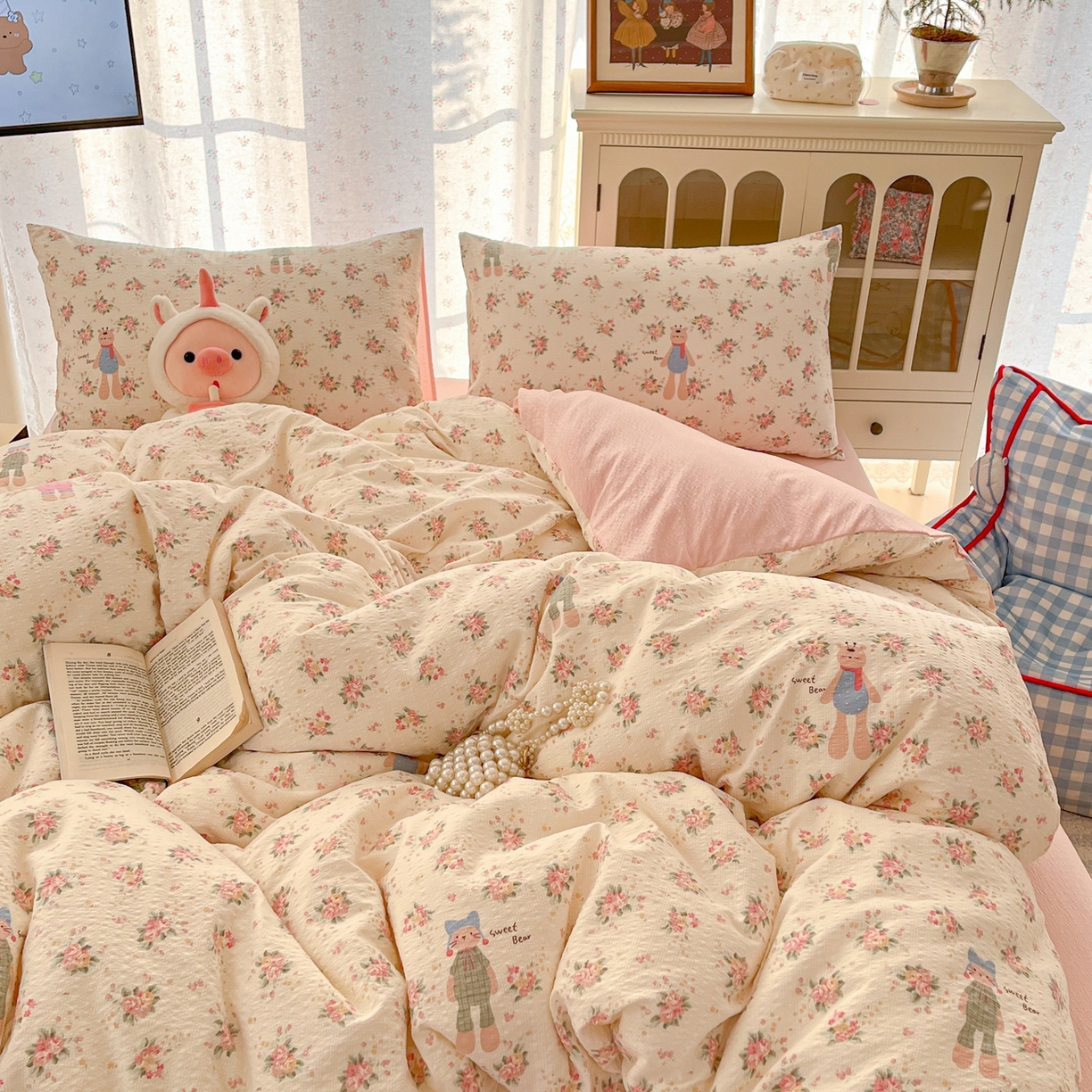 91家纺网 家纺一手货源 找家纺 玉海棠家纺 2026新款直播爆款高品质高克重泡泡纱泡芙纱四件套 绽放兔兔