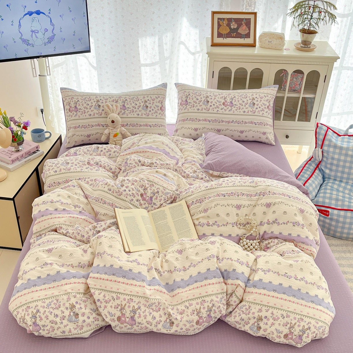 91家纺网 家纺一手货源 找家纺 玉海棠家纺 2026新款直播爆款高品质高克重泡泡纱泡芙纱四件套 庄园小姐