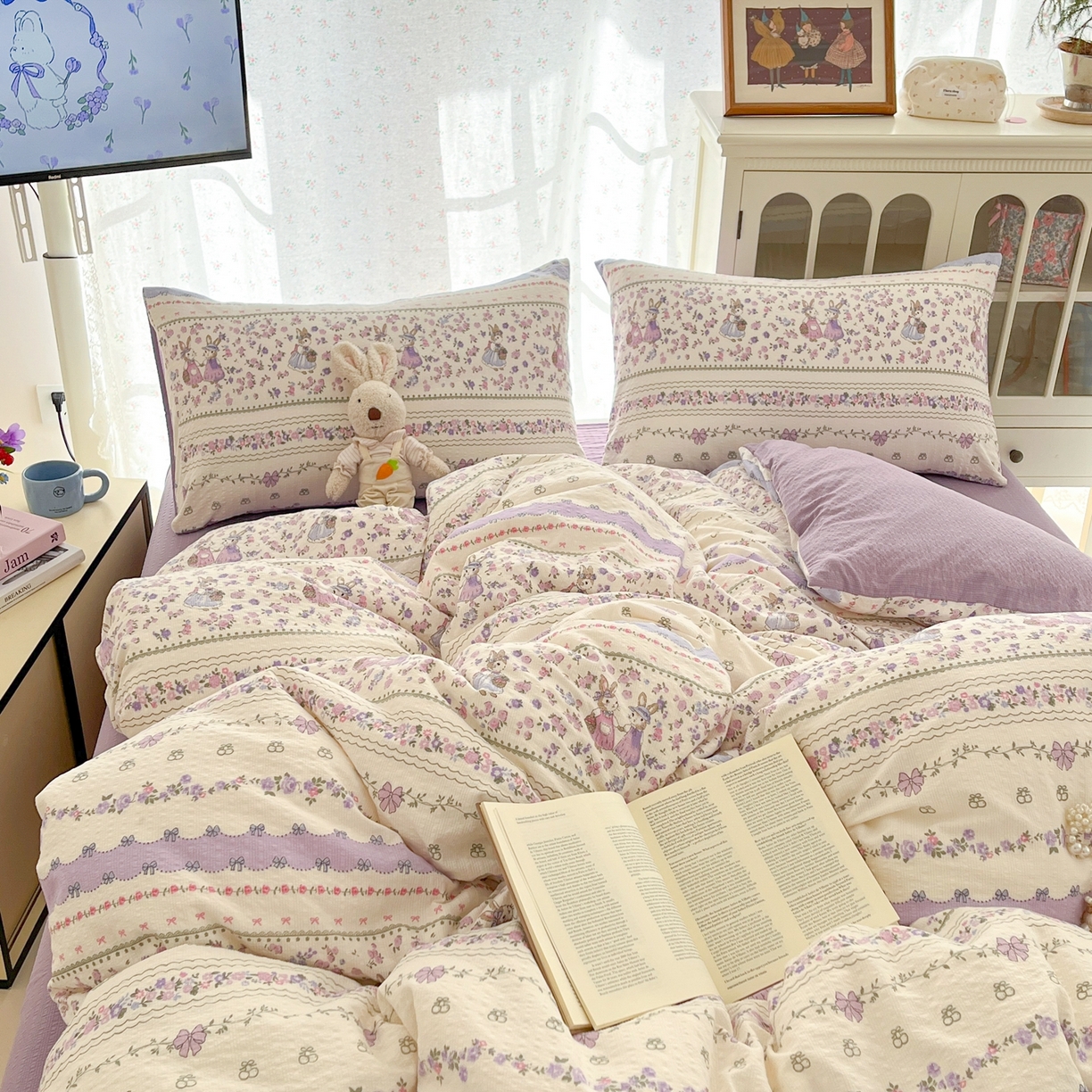 91家纺网 家纺一手货源 找家纺 玉海棠家纺 2026新款直播爆款高品质高克重泡泡纱泡芙纱四件套 庄园小姐