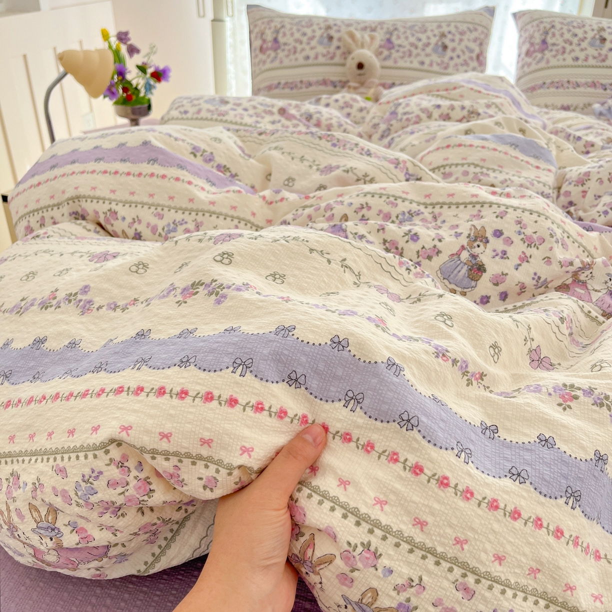 91家纺网 家纺一手货源 找家纺 玉海棠家纺 2026新款直播爆款高品质高克重泡泡纱泡芙纱四件套 庄园小姐