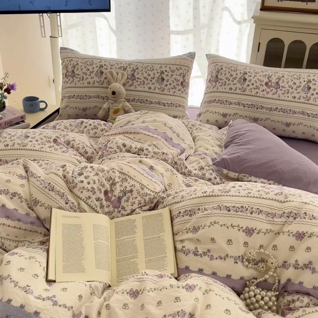 91家纺网 家纺一手货源 找家纺 玉海棠家纺 2026新款直播爆款高品质高克重泡泡纱泡芙纱四件套 庄园小姐