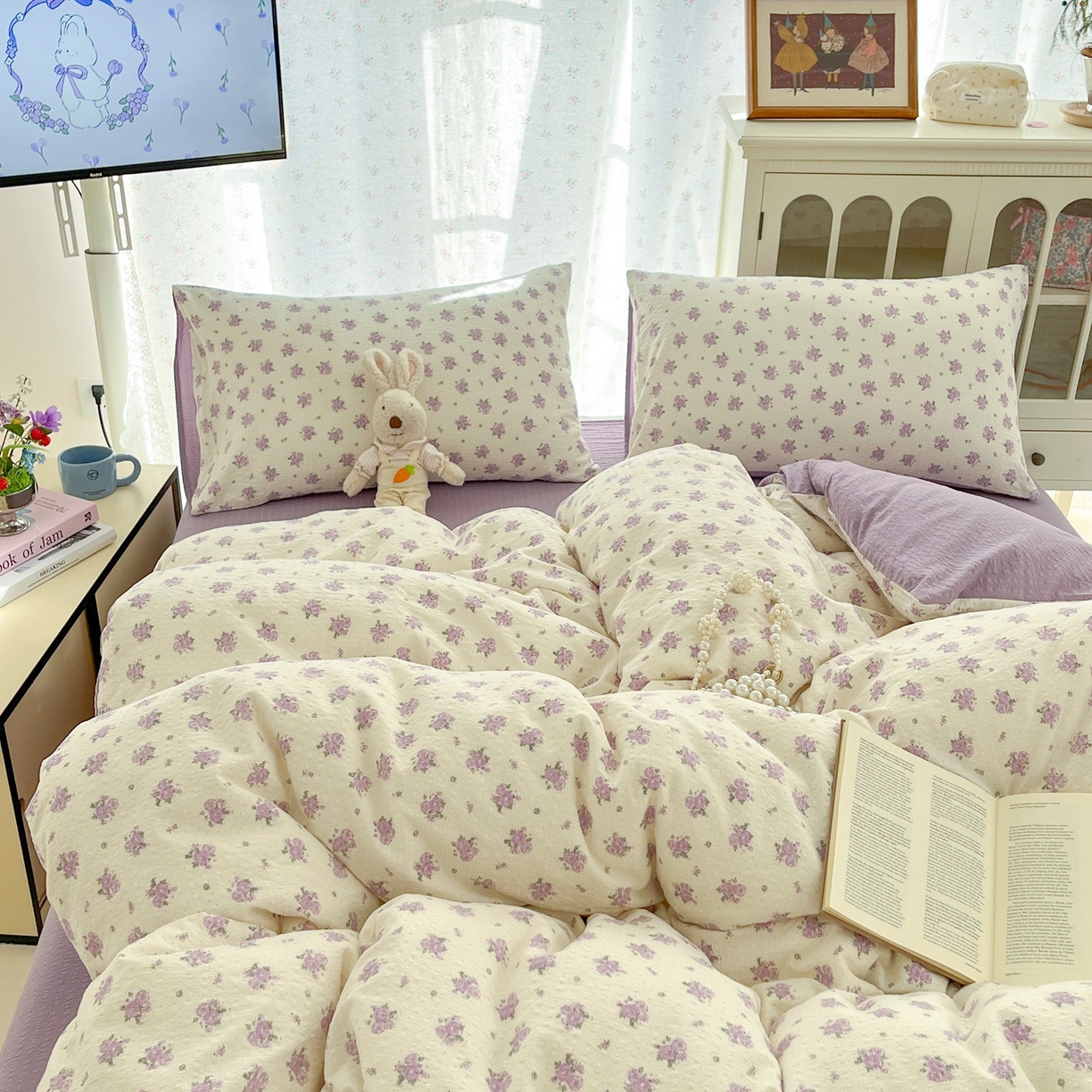 91家纺网 家纺一手货源 找家纺 玉海棠家纺 2026新款直播爆款高品质高克重泡泡纱泡芙纱四件套 紫色小花