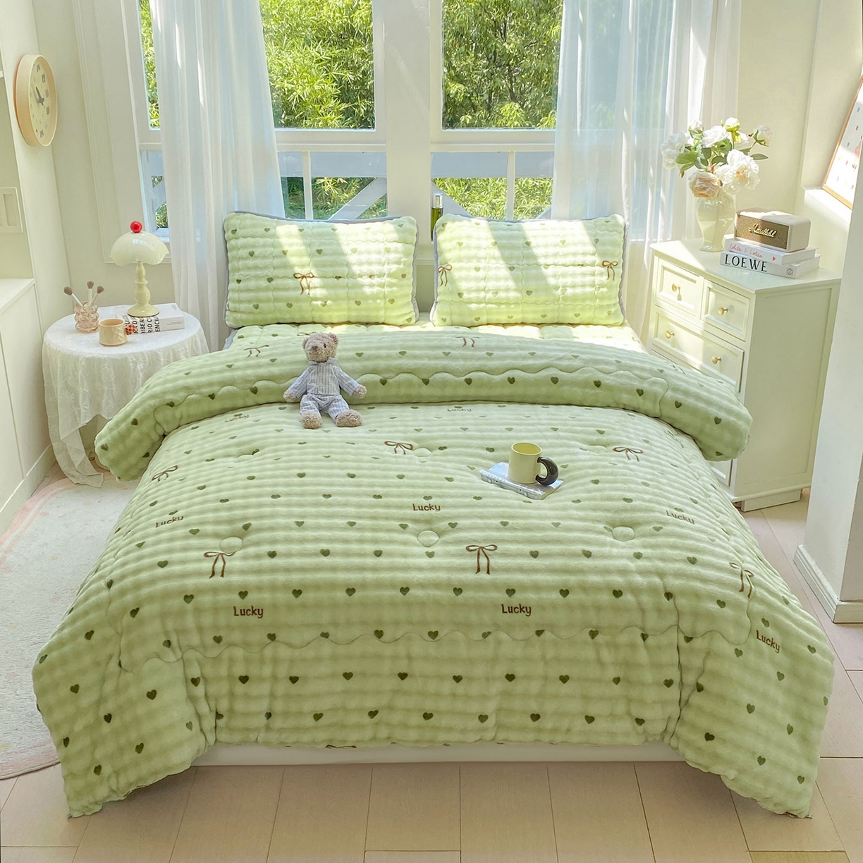 91家纺网 家纺一手货源 找家纺 犇牛仓储供应链 2026新款A类牛奶绒豆豆绒泡泡印花冬被 被子被芯 爱心绿【兔兔绒豆豆被】