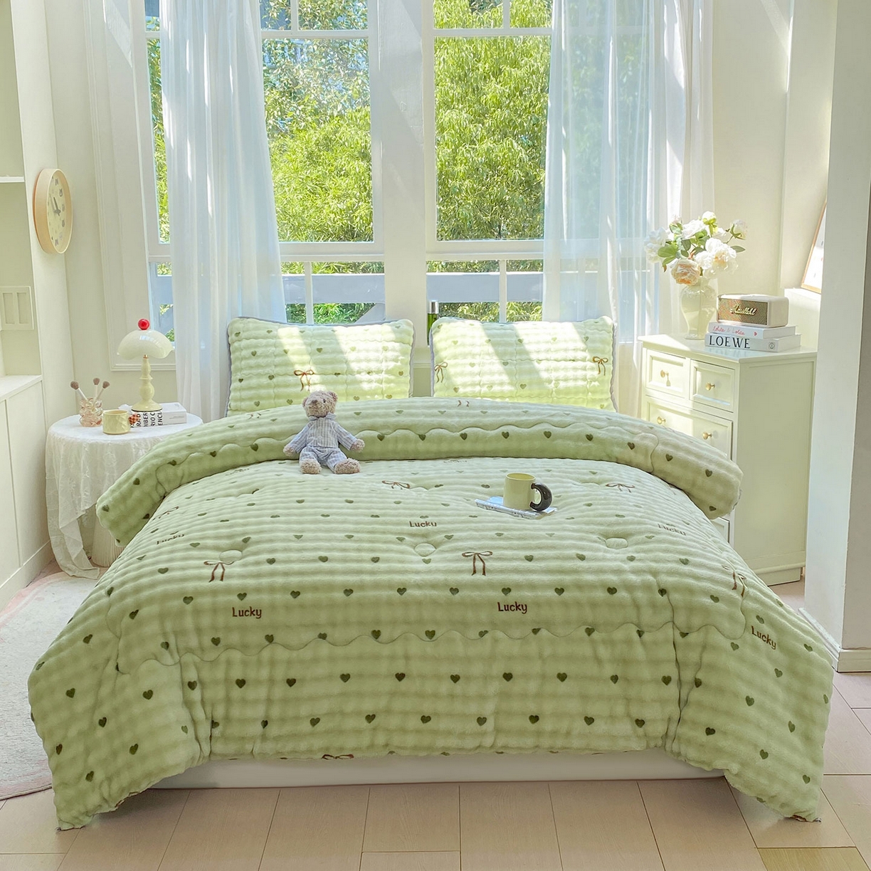 91家纺网 家纺一手货源 找家纺 犇牛仓储供应链 2026新款A类牛奶绒豆豆绒泡泡印花冬被 被子被芯 爱心绿【兔兔绒豆豆被】