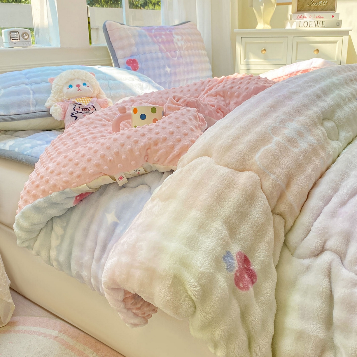 91家纺网 家纺一手货源 找家纺 犇牛仓储供应链 2026新款A类牛奶绒豆豆绒泡泡印花冬被 被子被芯 草莓KT【兔兔绒豆豆被】