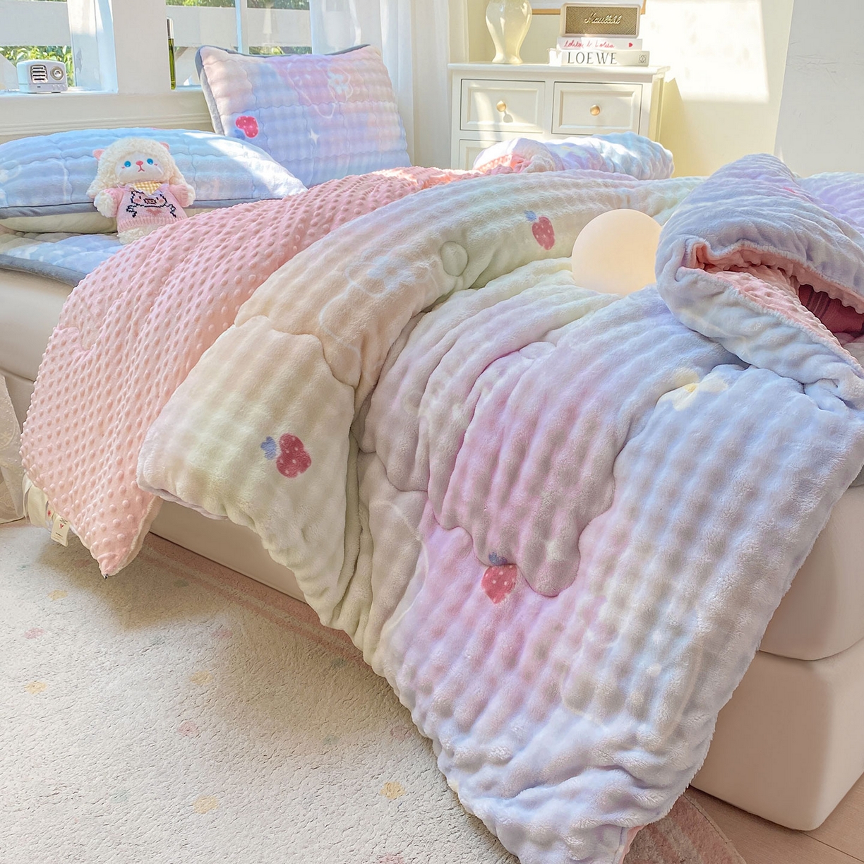 91家纺网 家纺一手货源 找家纺 犇牛仓储供应链 2026新款A类牛奶绒豆豆绒泡泡印花冬被 被子被芯 草莓KT【兔兔绒豆豆被】