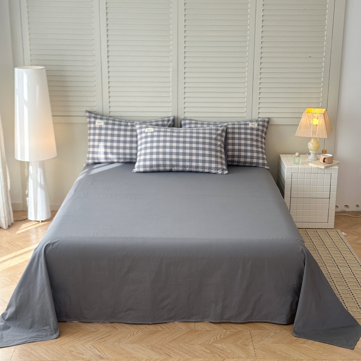 91家纺网 家纺一手货源 找家纺 木子家纺 2026春夏新款色织全棉纯棉四件套 麦田-灰