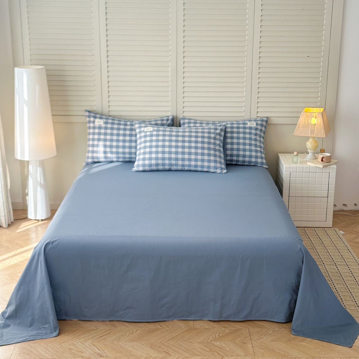 91家纺网 家纺一手货源 找家纺 木子家纺 2026春夏新款色织全棉纯棉四件套 麦田-蓝