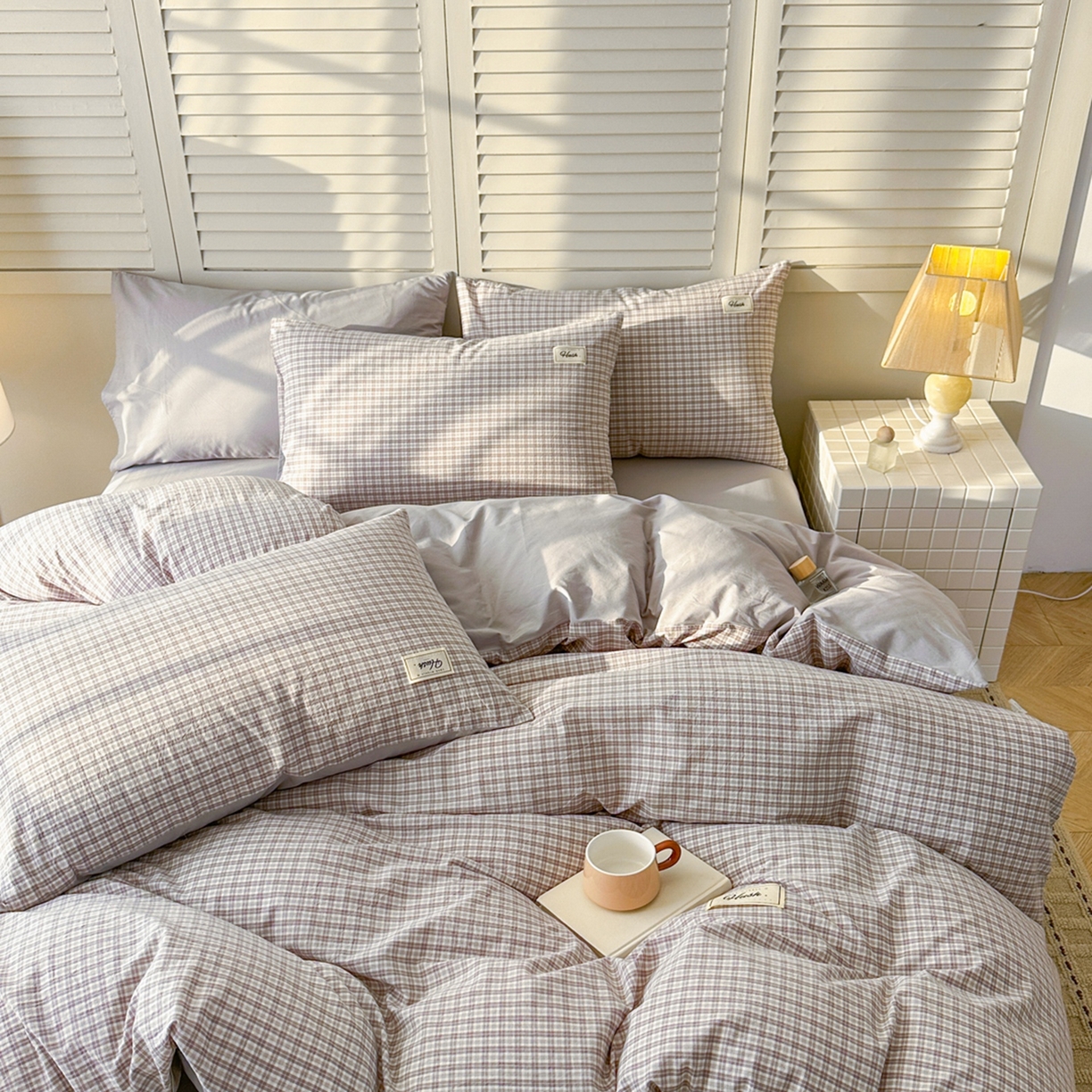 91家纺网 家纺一手货源 找家纺 木子家纺 2026春夏新款色织全棉纯棉四件套 莫里-灰