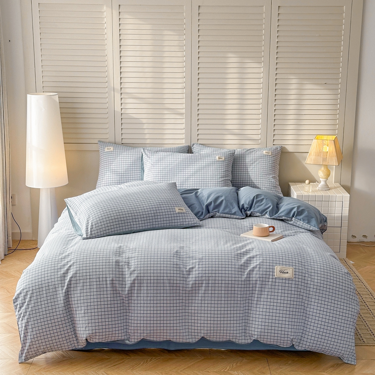 91家纺网 家纺一手货源 找家纺 木子家纺 2026春夏新款色织全棉纯棉四件套 莫里-蓝