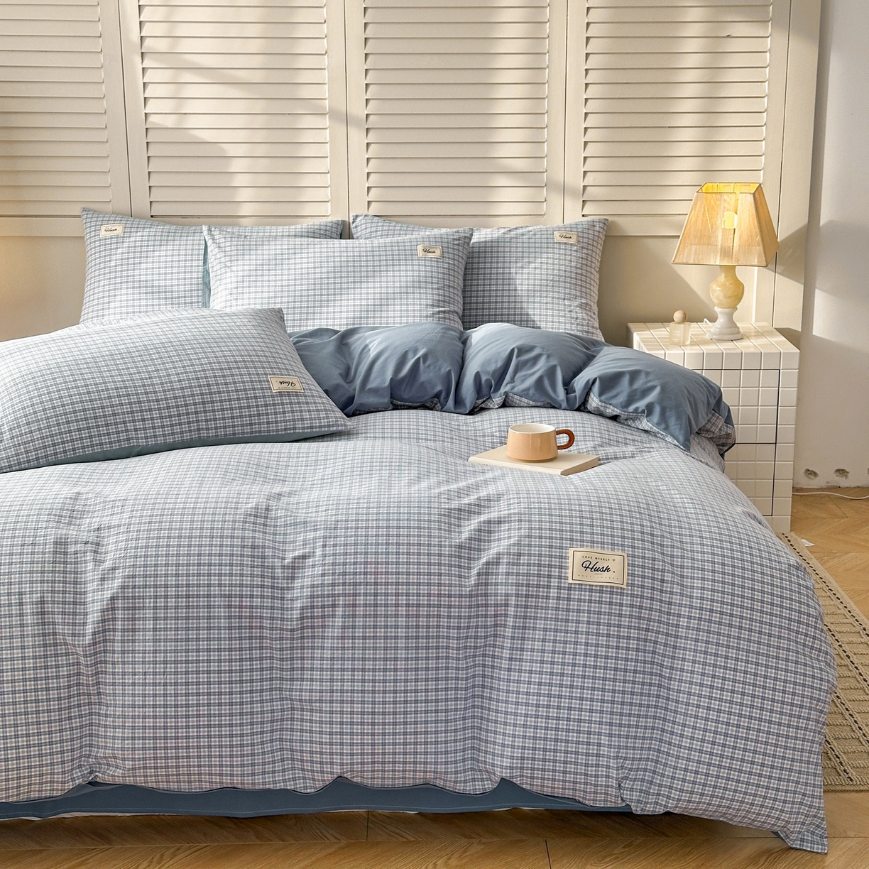 91家纺网 家纺一手货源 找家纺 木子家纺 2026春夏新款色织全棉纯棉四件套 莫里-蓝