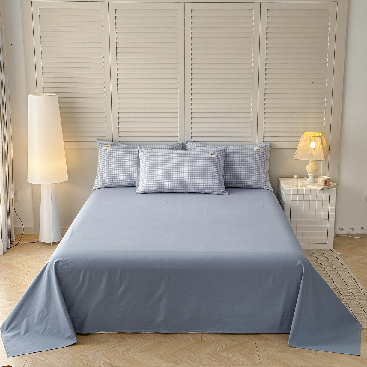 91家纺网 家纺一手货源 找家纺 木子家纺 2026春夏新款色织全棉纯棉四件套 莫里-蓝