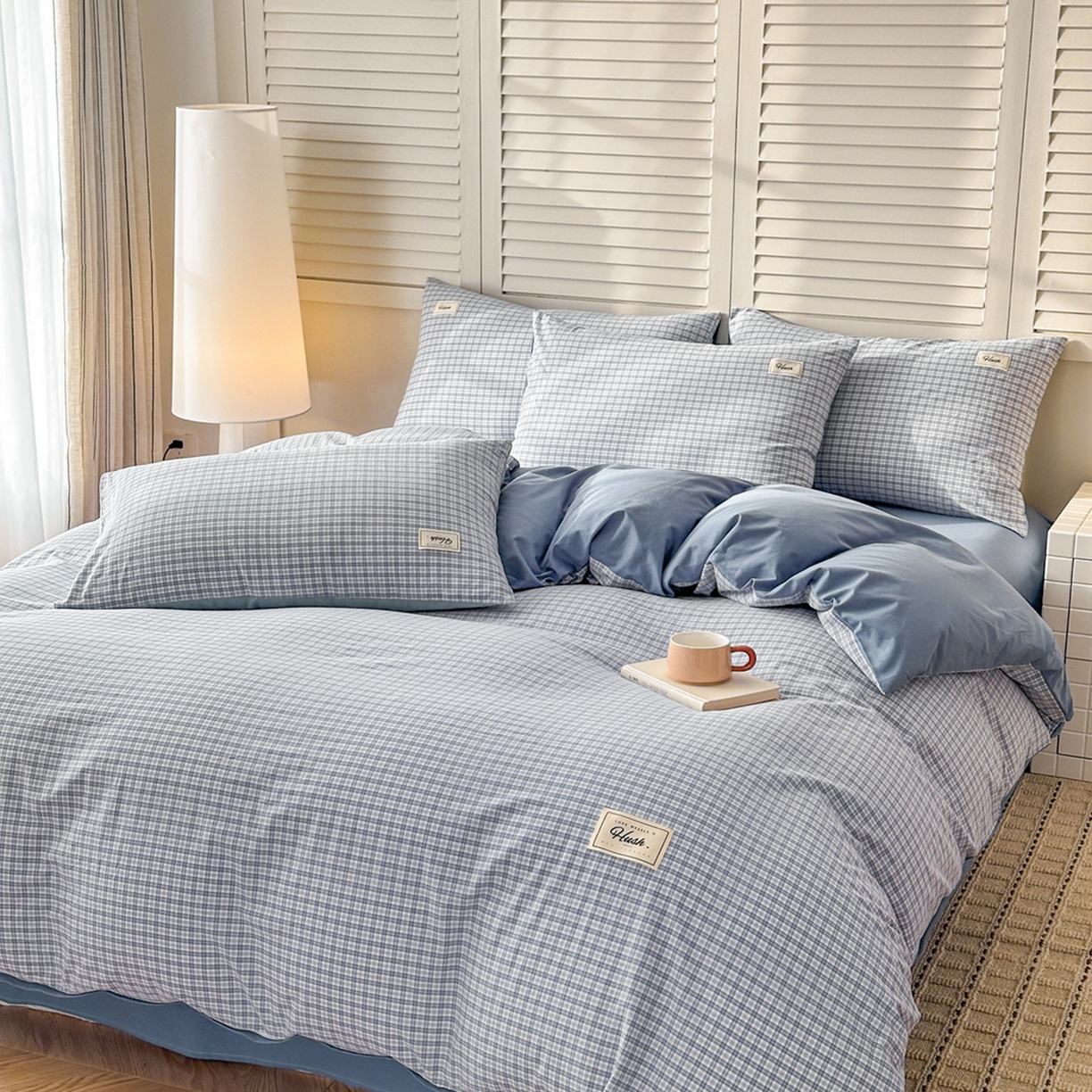 91家纺网 家纺一手货源 找家纺 木子家纺 2026春夏新款色织全棉纯棉四件套 莫里-蓝