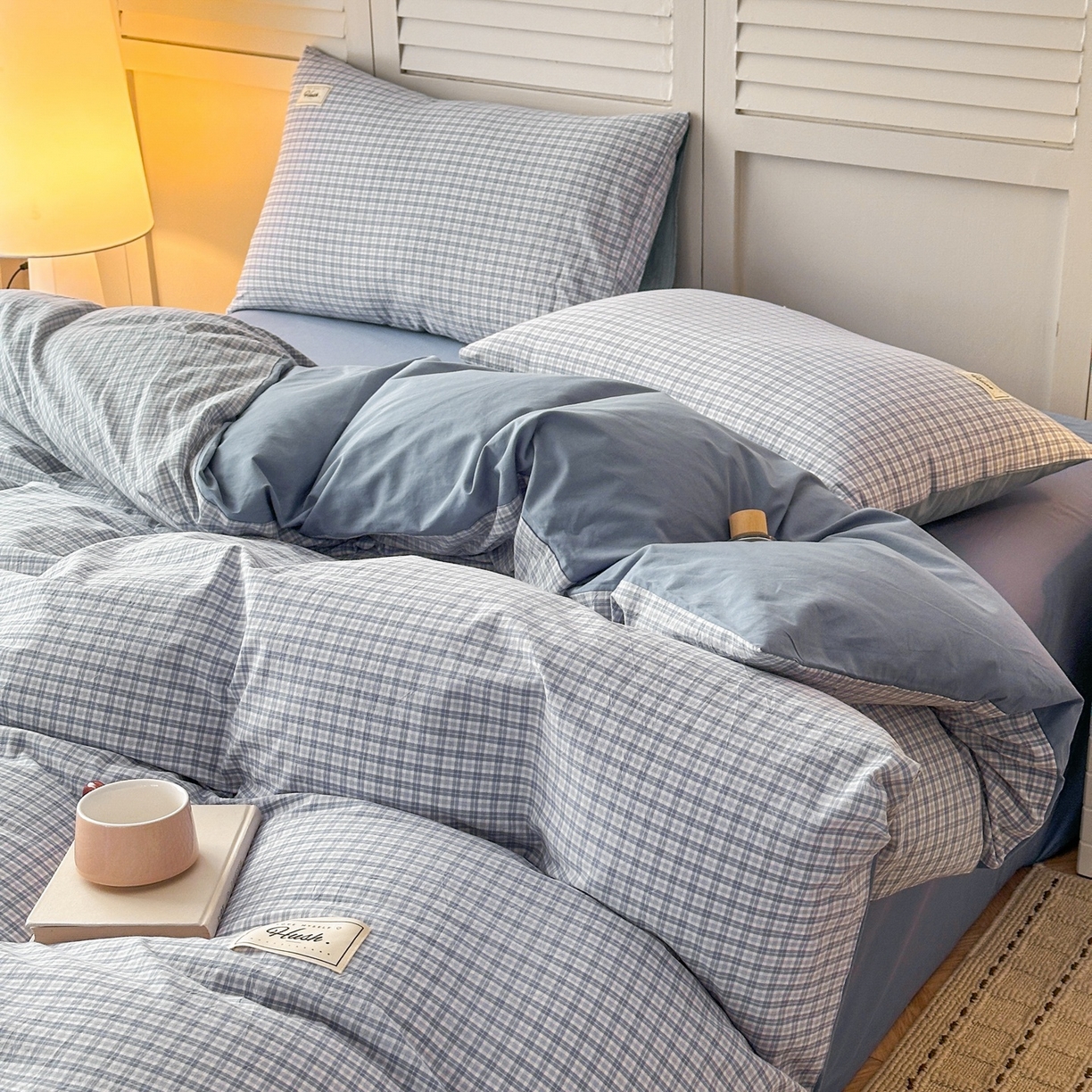 91家纺网 家纺一手货源 找家纺 木子家纺 2026春夏新款色织全棉纯棉四件套 莫里-蓝