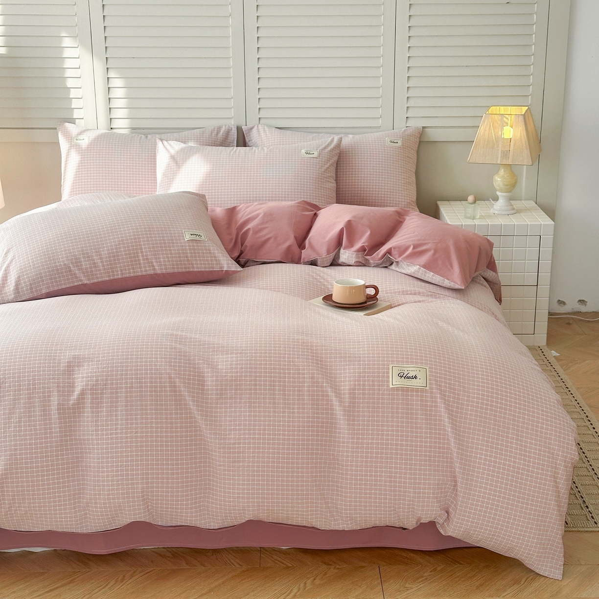 91家纺网 家纺一手货源 找家纺 木子家纺 2026春夏新款色织全棉纯棉四件套 森浅-粉