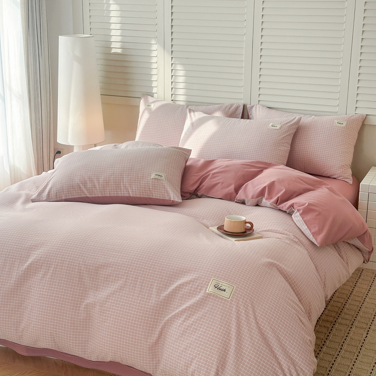 91家纺网 家纺一手货源 找家纺 木子家纺 2026春夏新款色织全棉纯棉四件套 森浅-粉