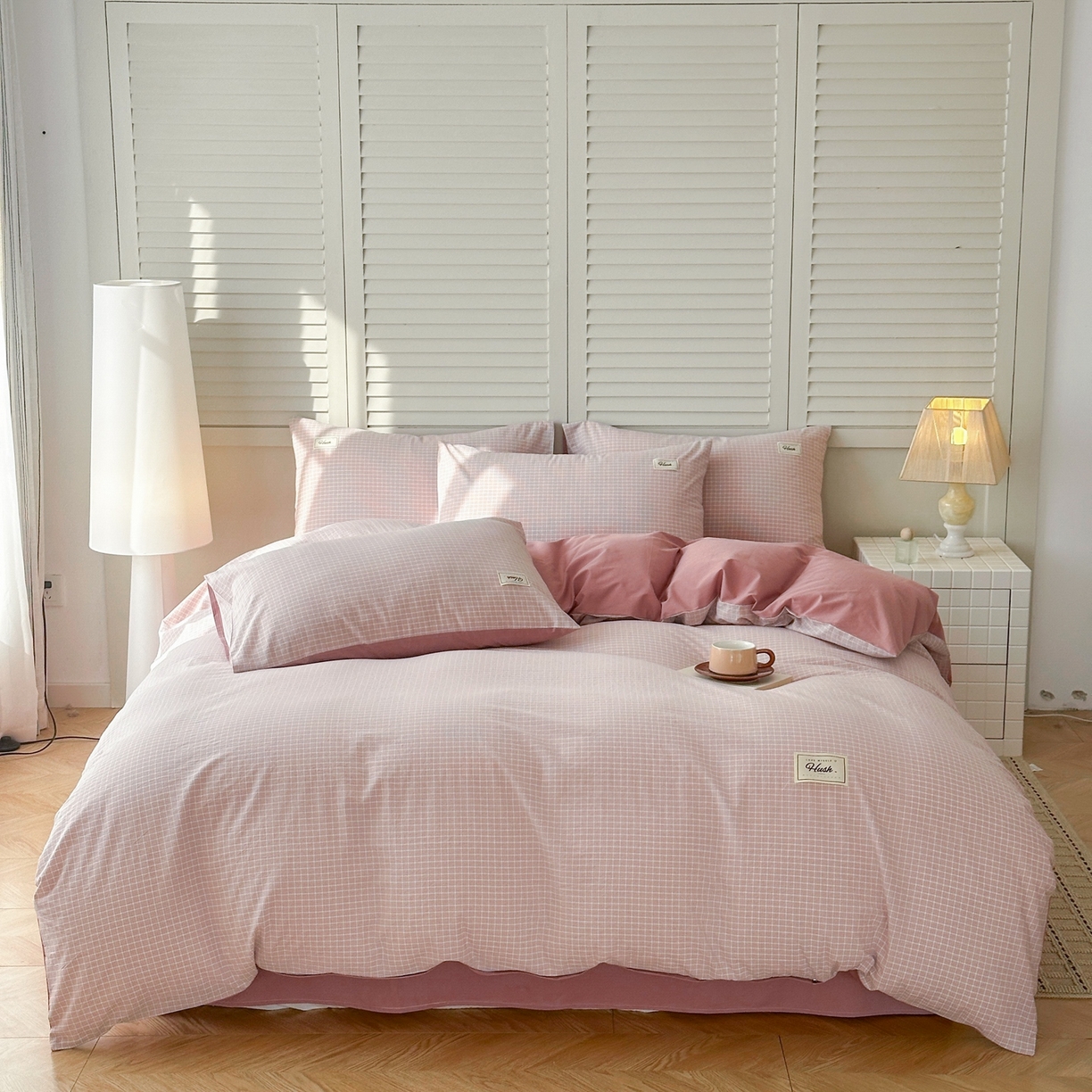 91家纺网 家纺一手货源 找家纺 木子家纺 2026春夏新款色织全棉纯棉四件套 森浅-粉