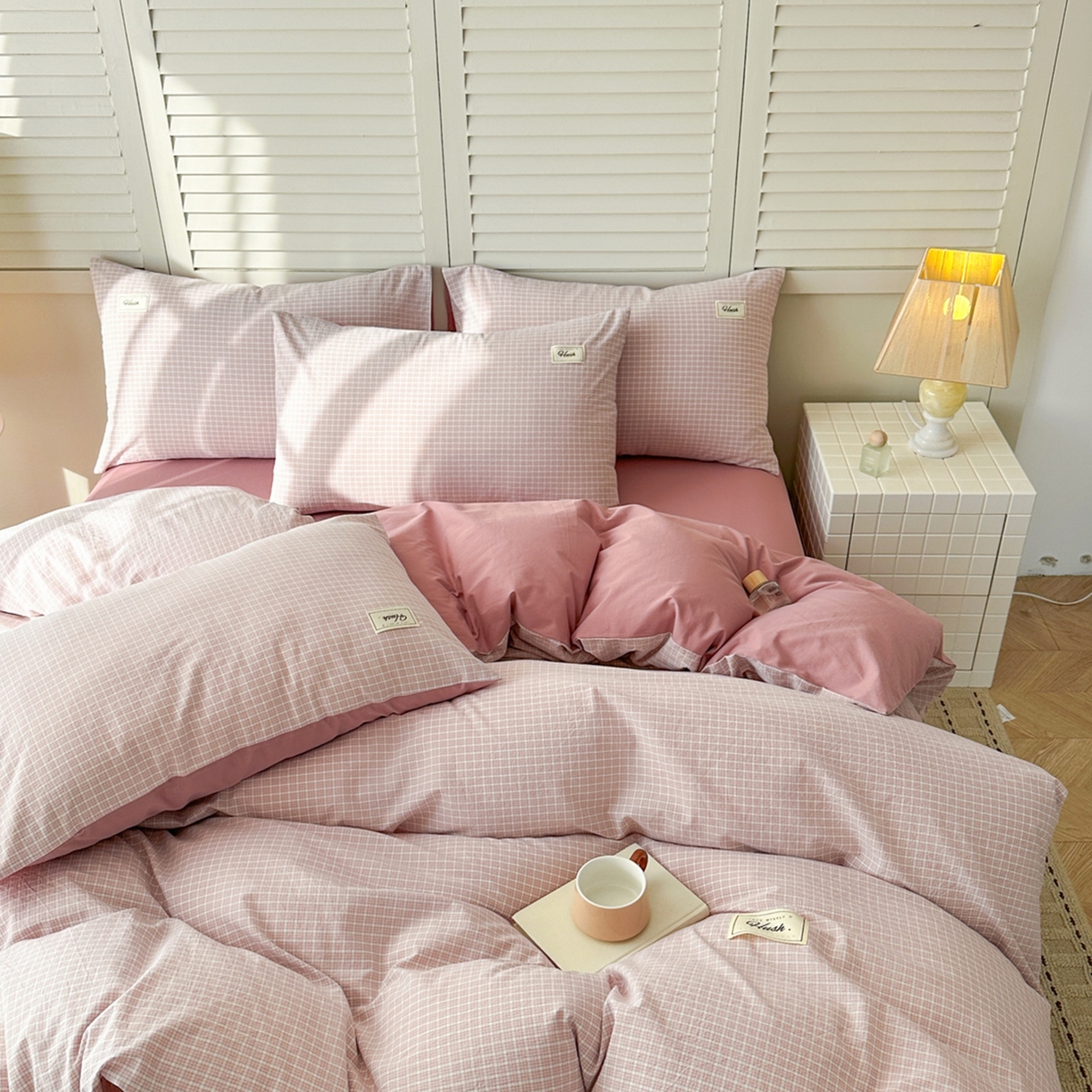 91家纺网 家纺一手货源 找家纺 木子家纺 2026春夏新款色织全棉纯棉四件套 森浅-粉