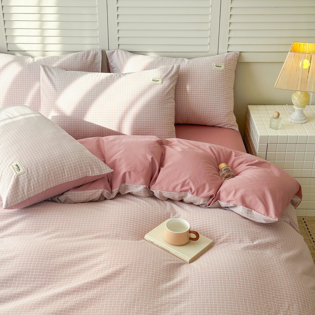 91家纺网 家纺一手货源 找家纺 木子家纺 2026春夏新款色织全棉纯棉四件套 森浅-粉