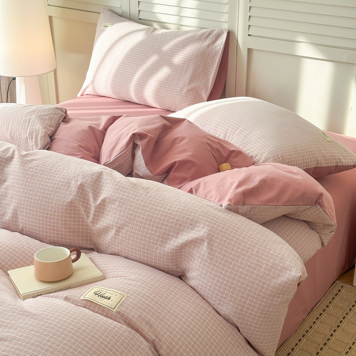 91家纺网 家纺一手货源 找家纺 木子家纺 2026春夏新款色织全棉纯棉四件套 森浅-粉