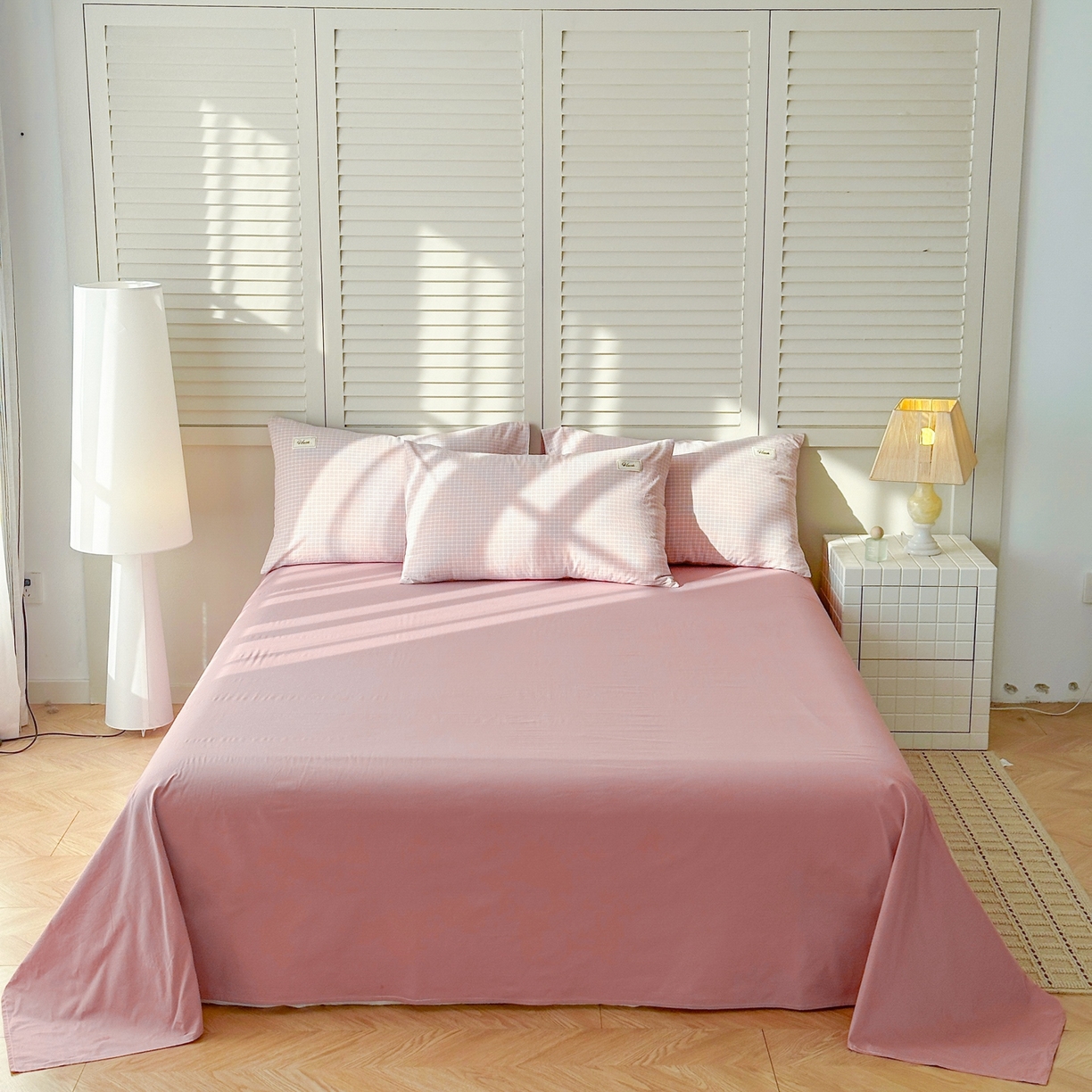 91家纺网 家纺一手货源 找家纺 木子家纺 2026春夏新款色织全棉纯棉四件套 森浅-粉