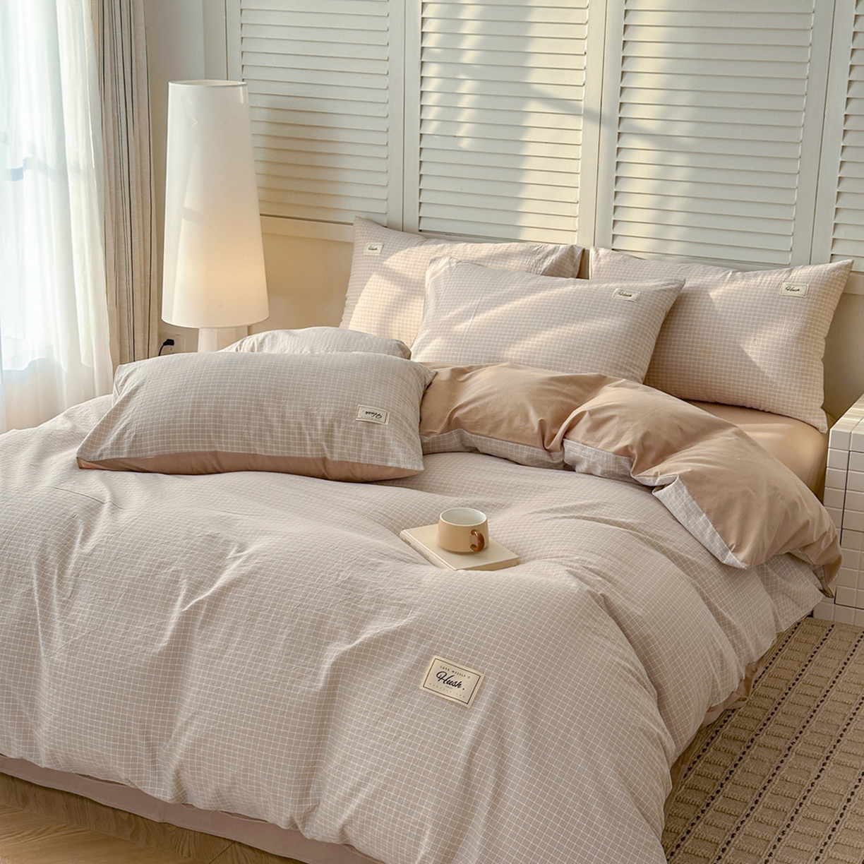 91家纺网 家纺一手货源 找家纺 木子家纺 2026春夏新款色织全棉纯棉四件套 森浅-咖