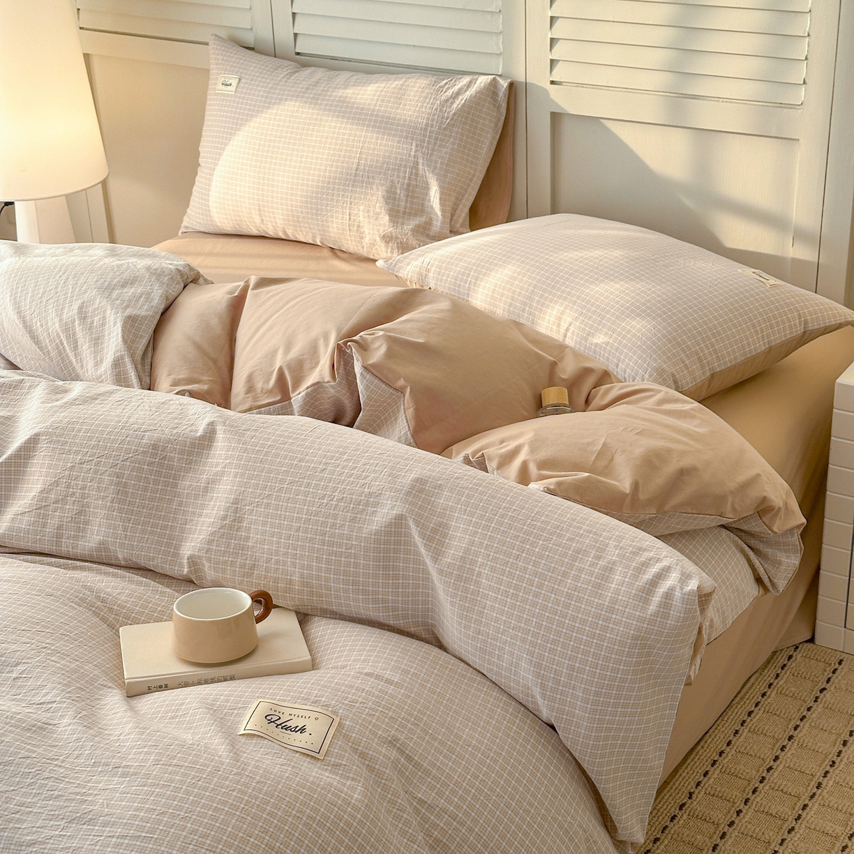 91家纺网 家纺一手货源 找家纺 木子家纺 2026春夏新款色织全棉纯棉四件套 森浅-咖