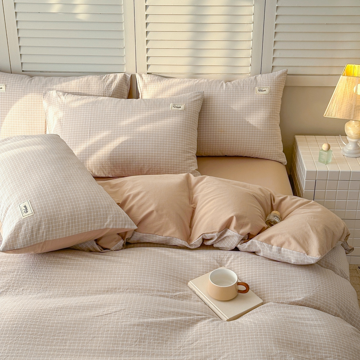 91家纺网 家纺一手货源 找家纺 木子家纺 2026春夏新款色织全棉纯棉四件套 森浅-咖