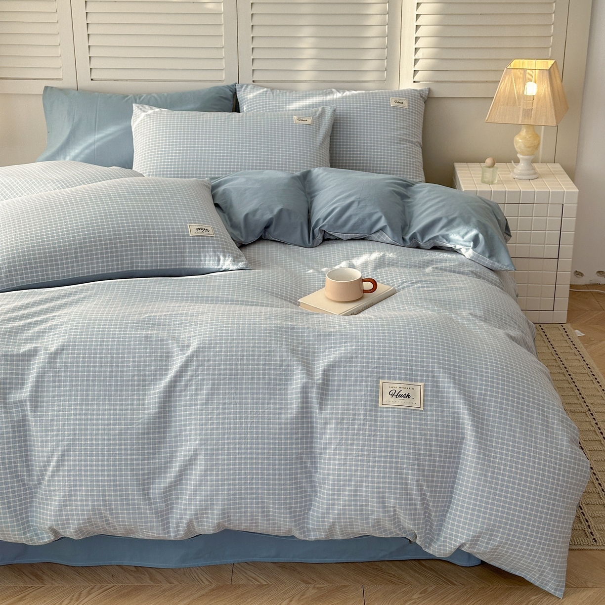 91家纺网 家纺一手货源 找家纺 木子家纺 2026春夏新款色织全棉纯棉四件套 森浅-蓝