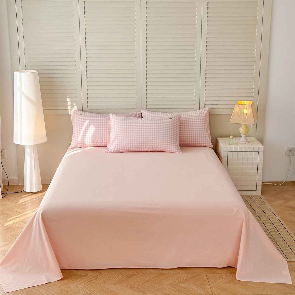 91家纺网 家纺一手货源 找家纺 木子家纺 2026春夏新款色织全棉纯棉四件套 小格-浅粉