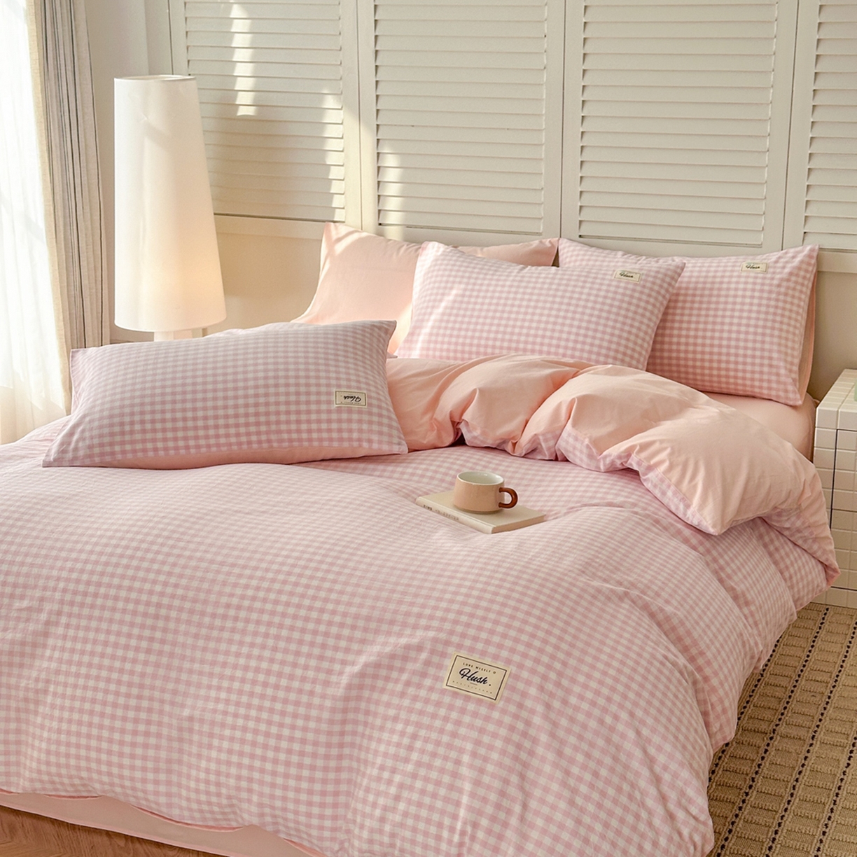 91家纺网 家纺一手货源 找家纺 木子家纺 2026春夏新款色织全棉纯棉四件套 小格-浅粉