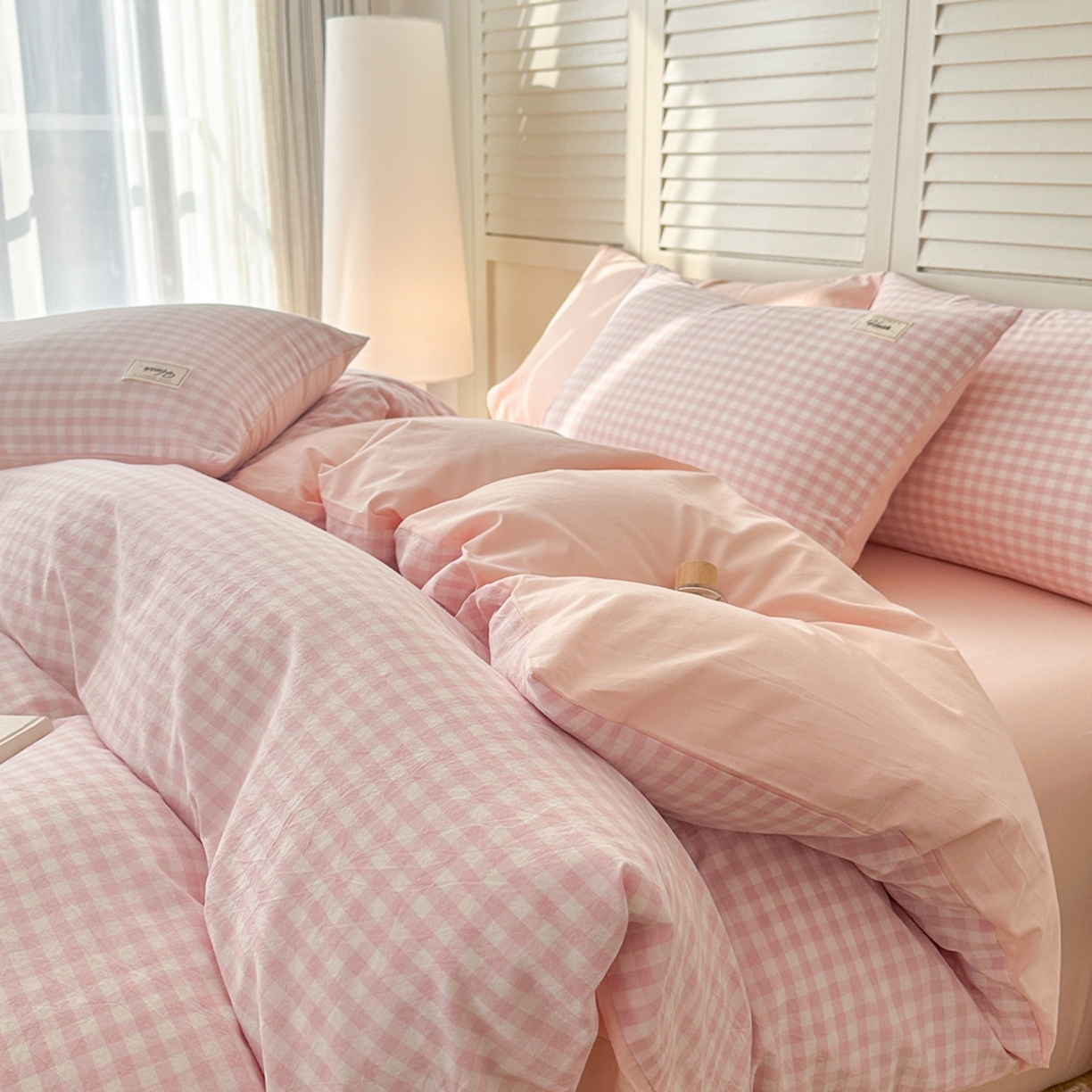 91家纺网 家纺一手货源 找家纺 木子家纺 2026春夏新款色织全棉纯棉四件套 小格-浅粉