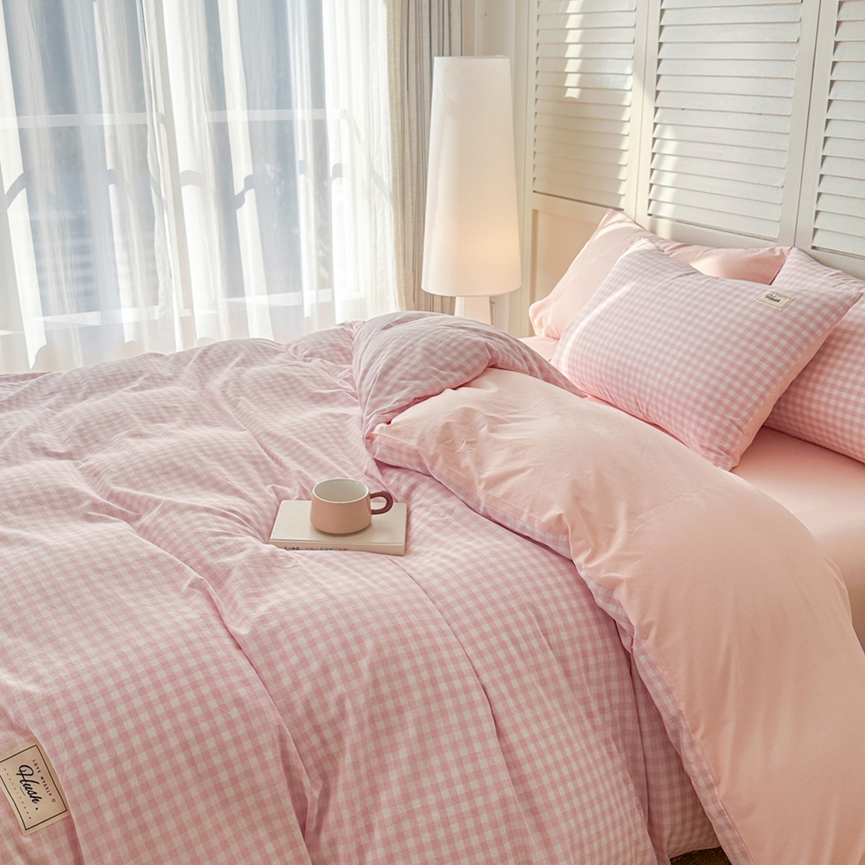 91家纺网 家纺一手货源 找家纺 木子家纺 2026春夏新款色织全棉纯棉四件套 小格-浅粉