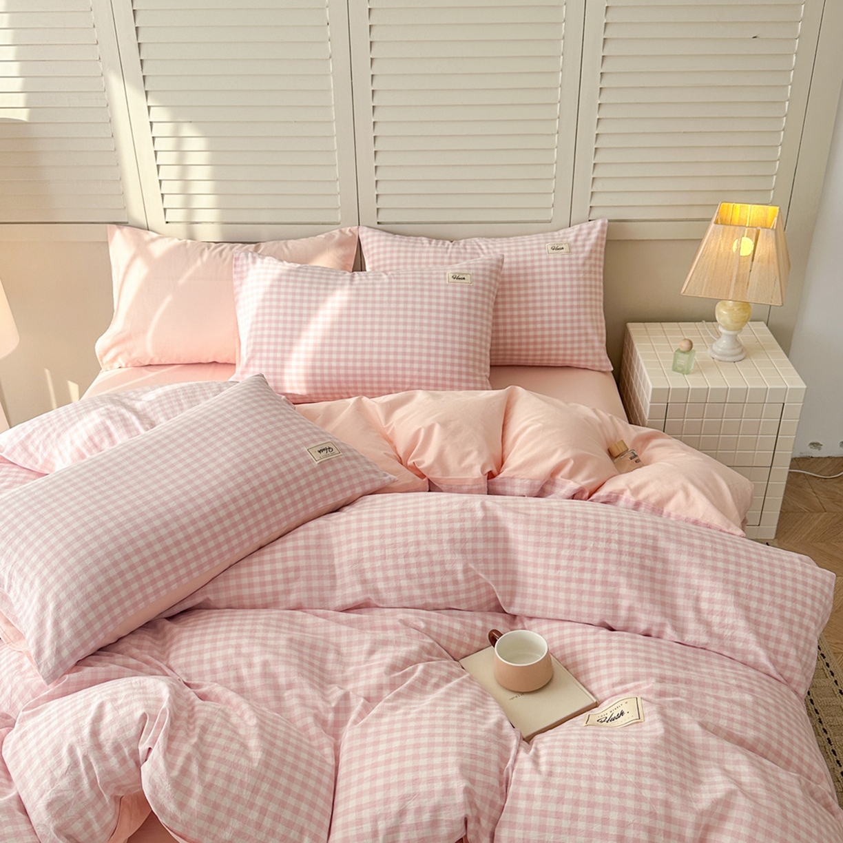 91家纺网 家纺一手货源 找家纺 木子家纺 2026春夏新款色织全棉纯棉四件套 小格-浅粉