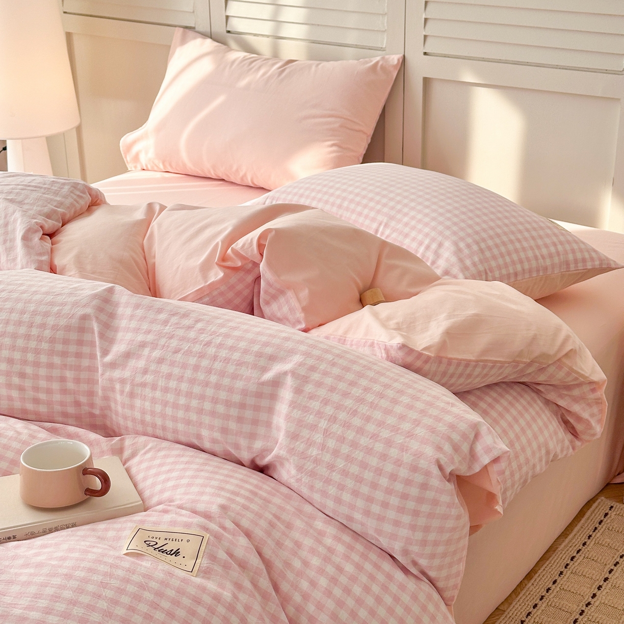 91家纺网 家纺一手货源 找家纺 木子家纺 2026春夏新款色织全棉纯棉四件套 小格-浅粉