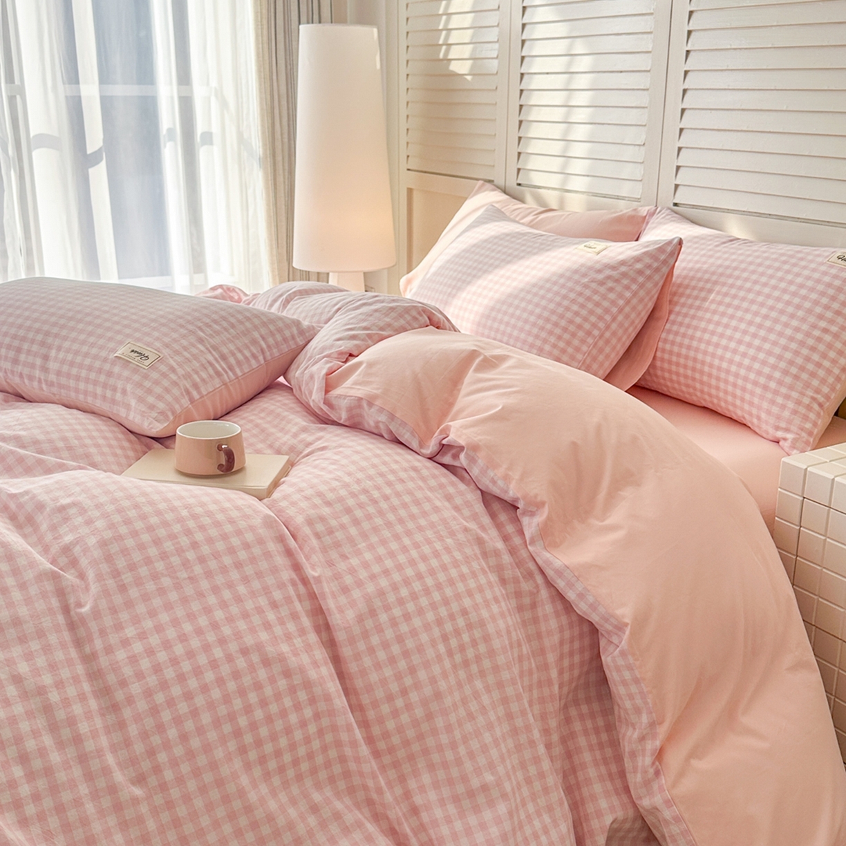91家纺网 家纺一手货源 找家纺 木子家纺 2026春夏新款色织全棉纯棉四件套 小格-浅粉