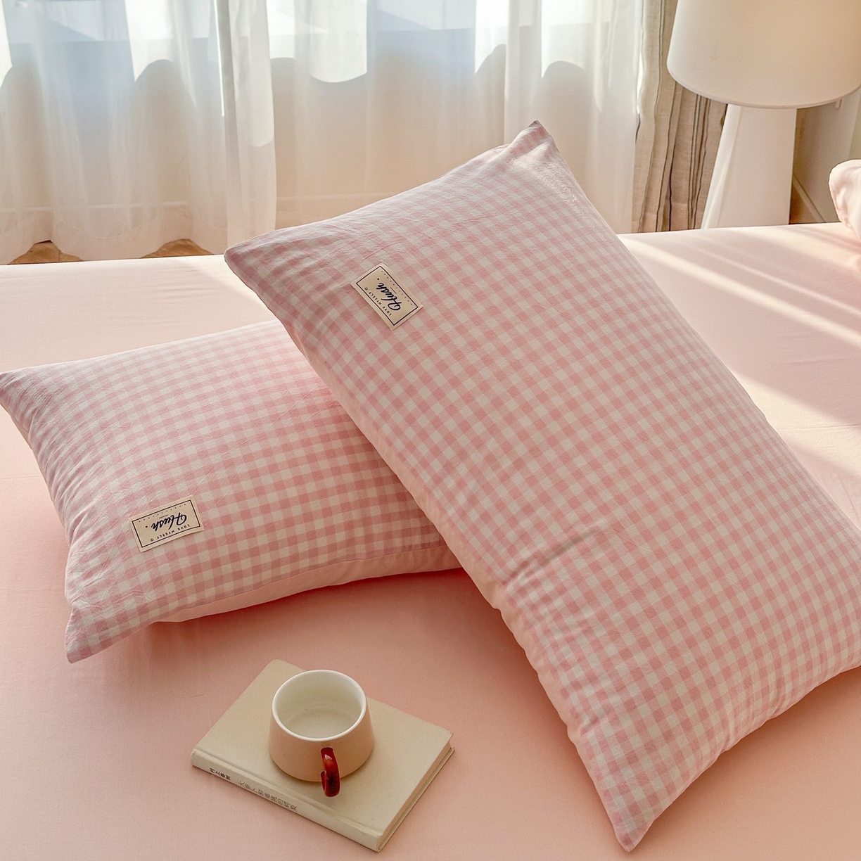 91家纺网 家纺一手货源 找家纺 木子家纺 2026春夏新款色织全棉纯棉四件套 小格-浅粉