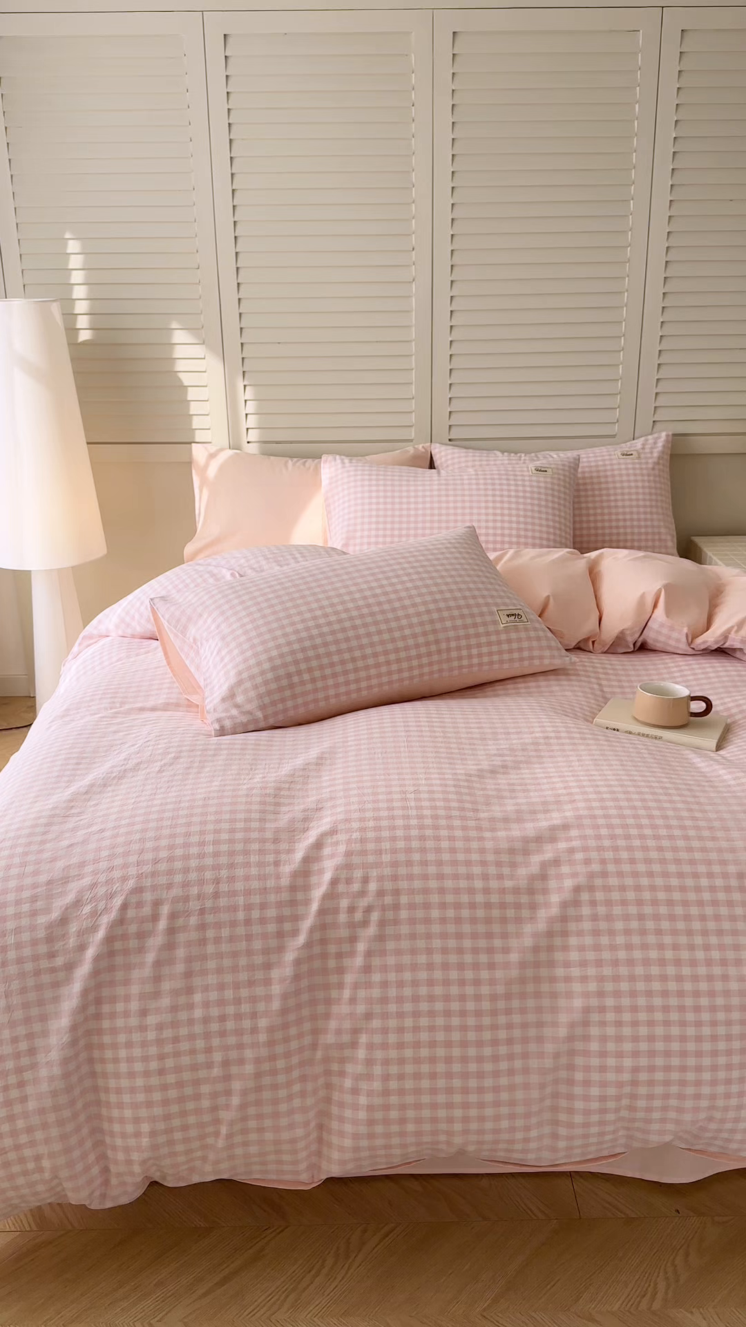 91家纺网 家纺一手货源 找家纺 木子家纺 2026春夏新款色织全棉纯棉四件套 小格-浅粉