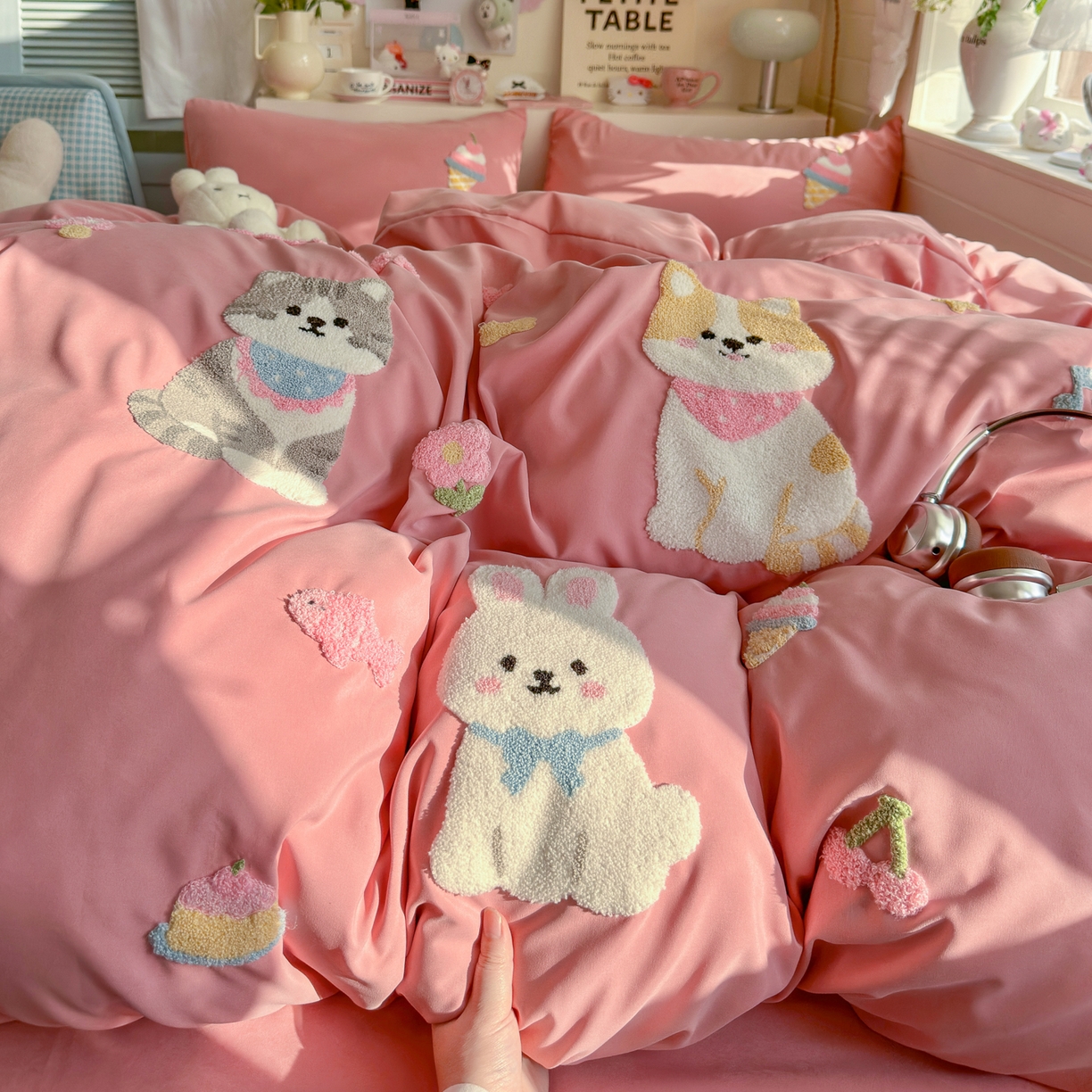 91家纺网 家纺一手货源 找家纺 优卡迪家纺馆 2026新款A类云锦棉毛巾绣四件套下载文件包含买家秀 甜系萌宠-红