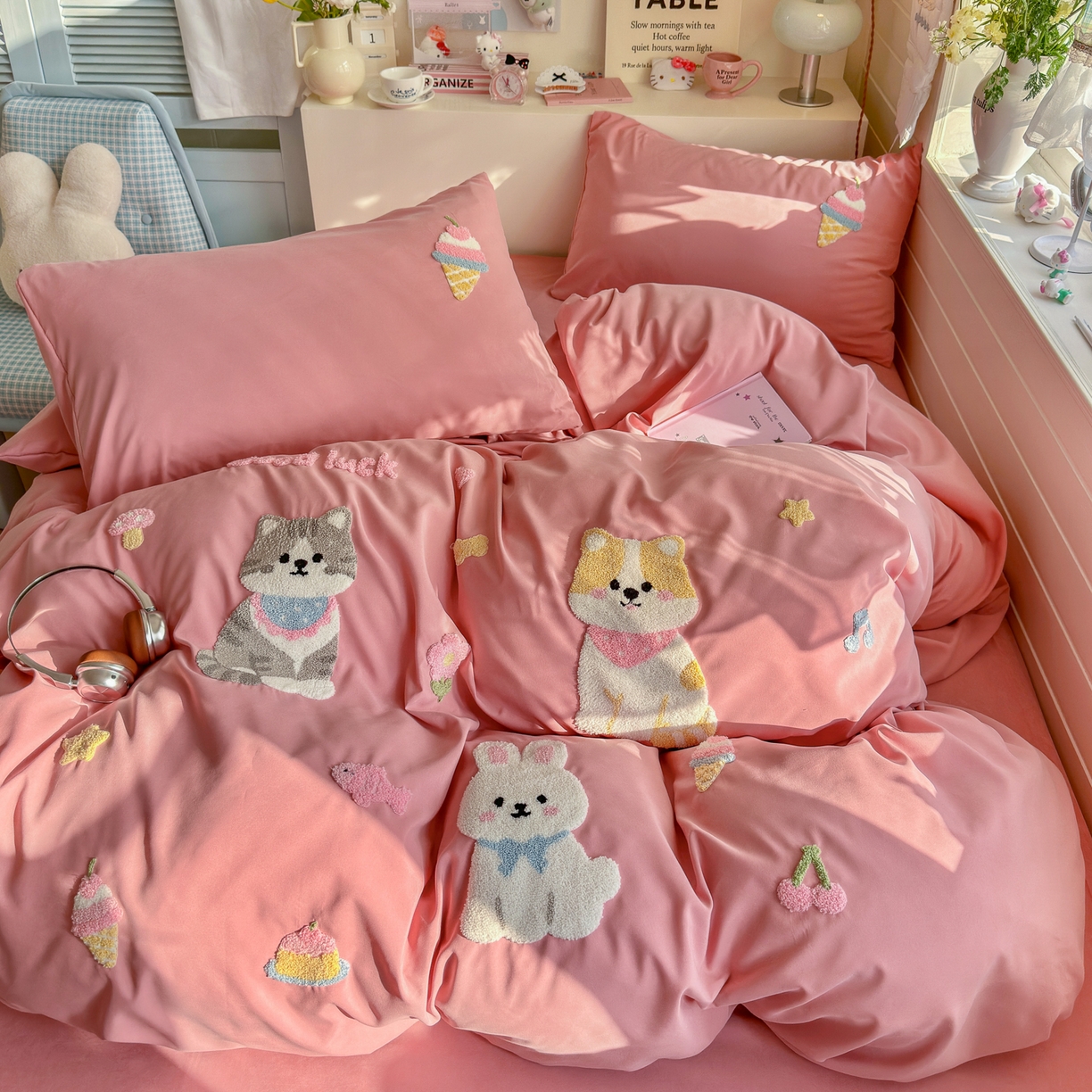 91家纺网 家纺一手货源 找家纺 优卡迪家纺馆 2026新款A类云锦棉毛巾绣四件套下载文件包含买家秀 甜系萌宠-红