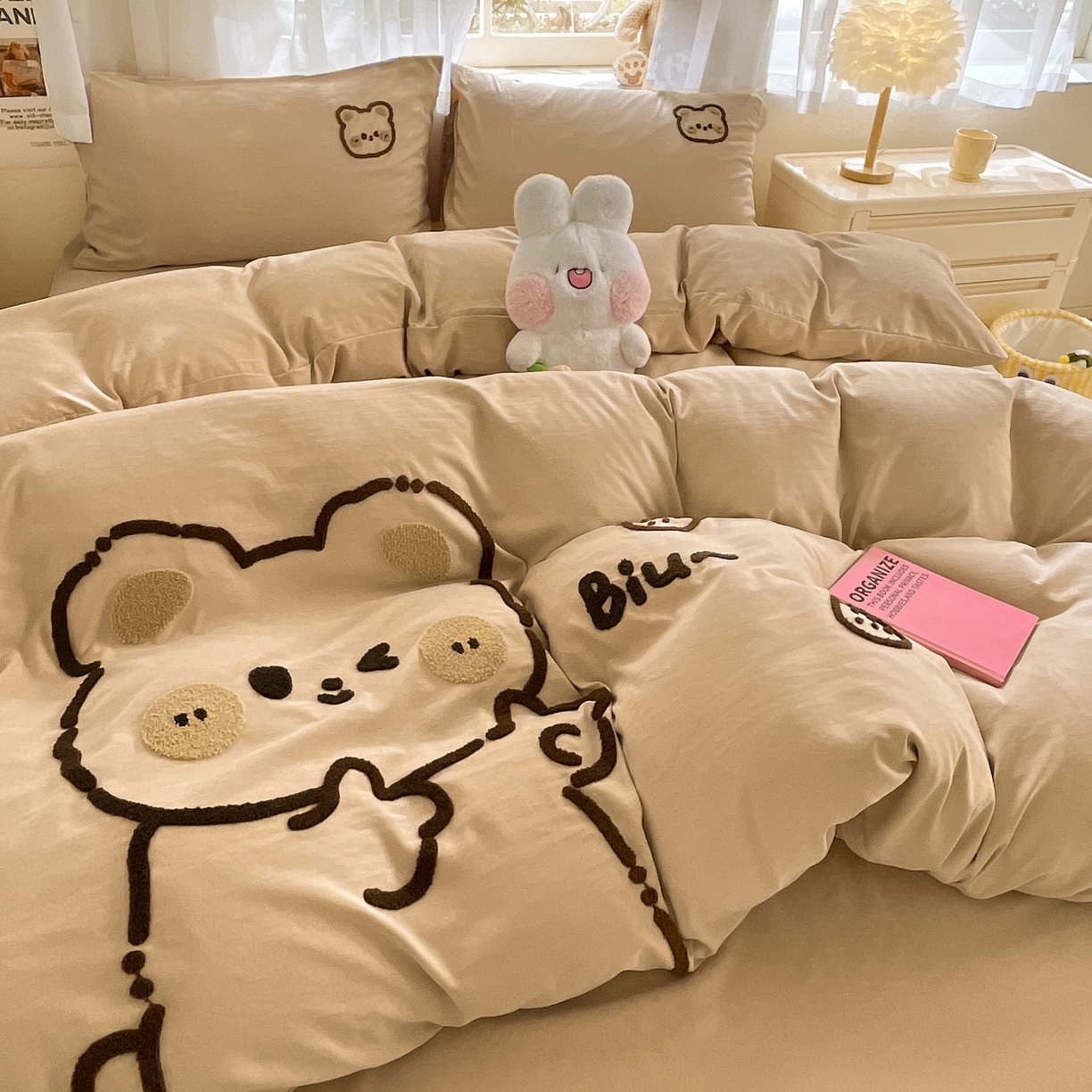 优卡迪家纺馆 2026新款A类云锦棉毛巾绣四件套下载文件包含买家秀 咖啡熊-杏色