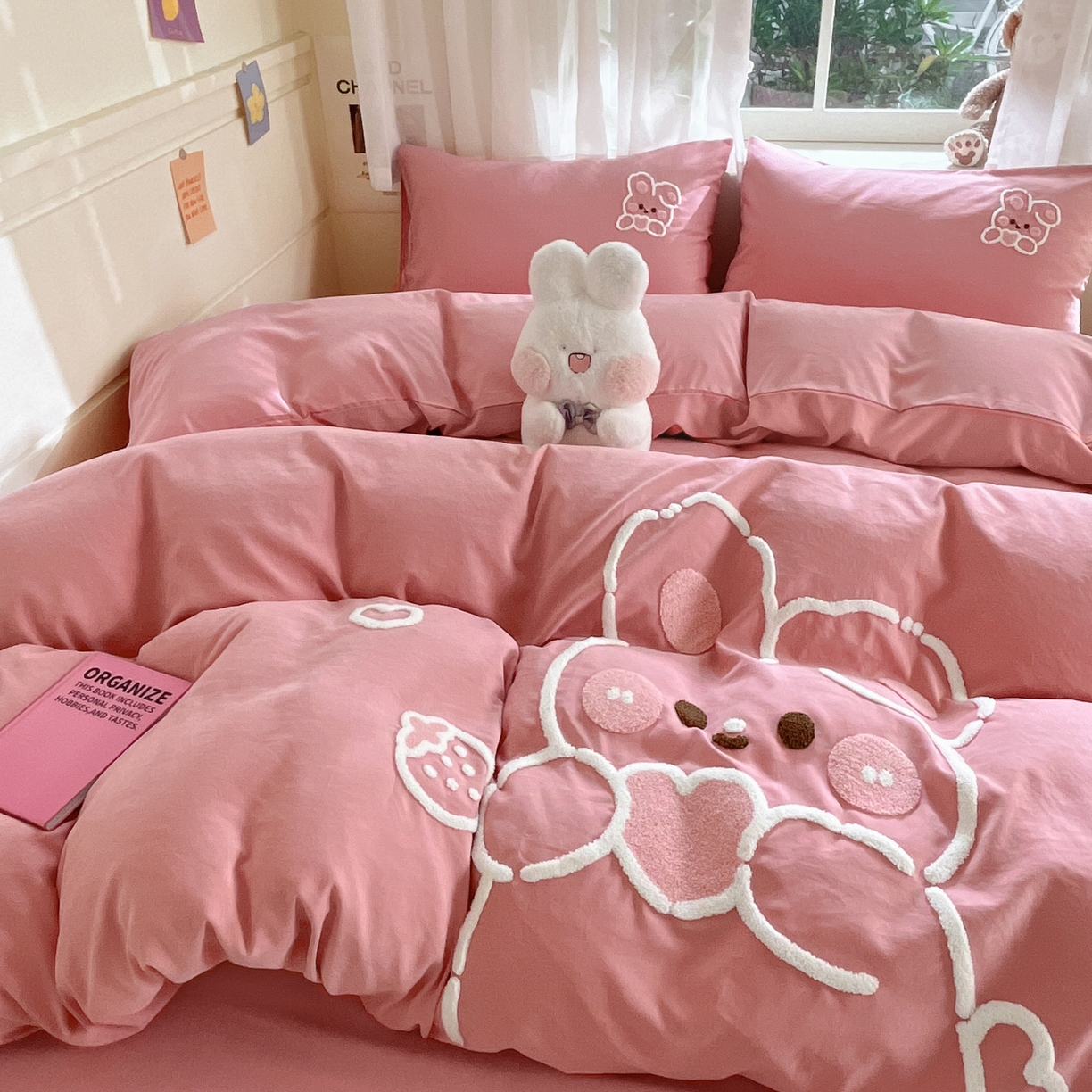 优卡迪家纺馆 2026新款A类云锦棉毛巾绣四件套下载文件包含买家秀 奶油兔-红