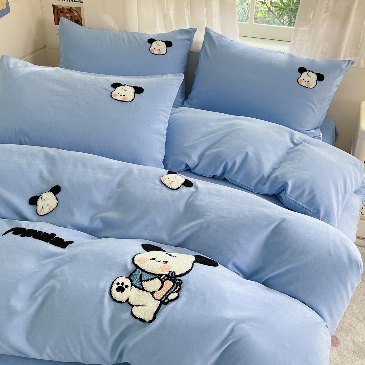 91家纺网 家纺一手货源 找家纺 优卡迪家纺馆 2026新款A类云锦棉毛巾绣四件套下载文件包含买家秀 俏俏狗-蓝