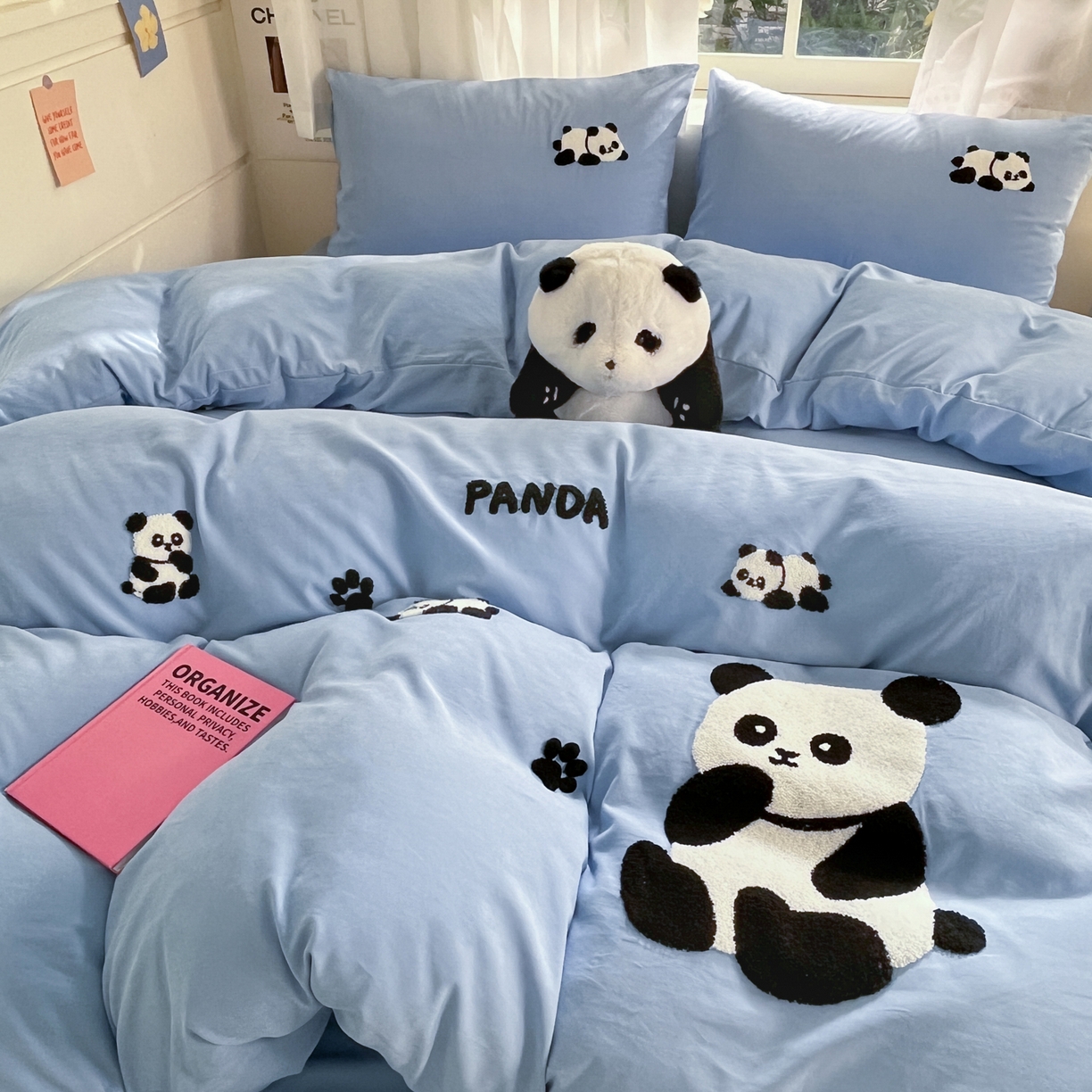 优卡迪家纺馆 2026新款A类云锦棉毛巾绣四件套下载文件包含买家秀 熊猫宝贝-蓝