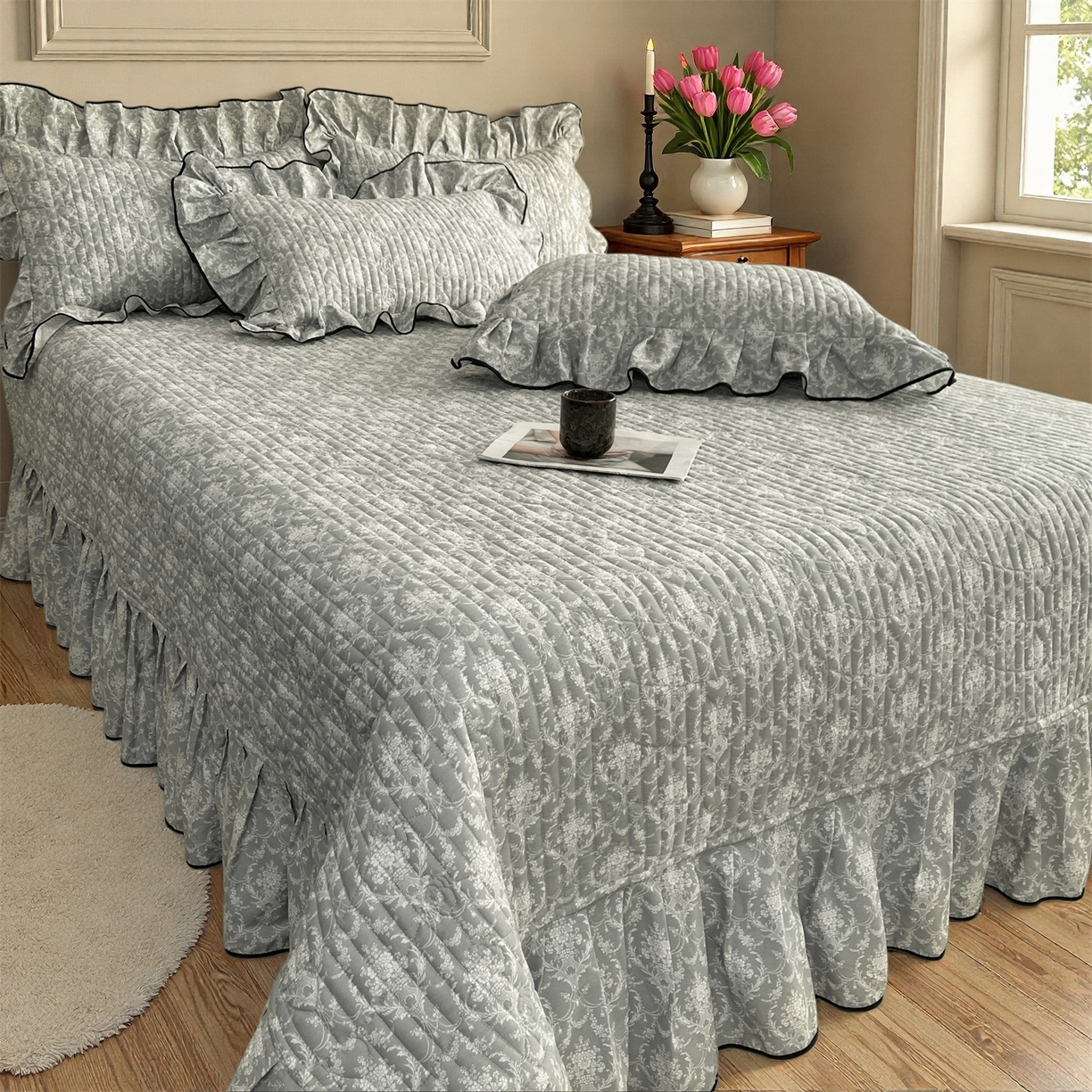 91家纺网 家纺一手货源 找家纺 宜凡家纺 2026新款全棉夹棉印花床盖款三件套 安洛特 灰