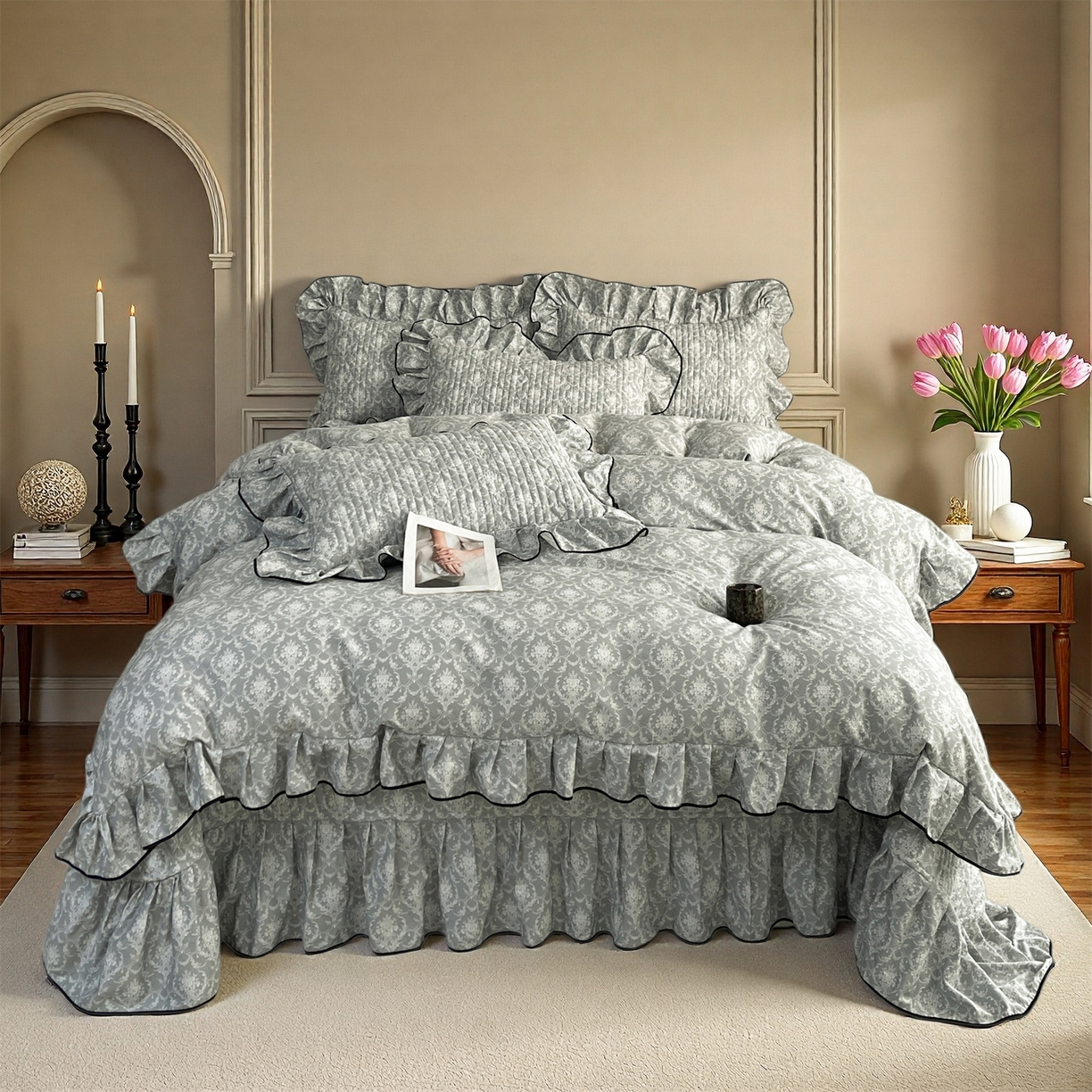 91家纺网 家纺一手货源 找家纺 宜凡家纺 2026新款全棉夹棉印花床盖款三件套 安洛特 灰