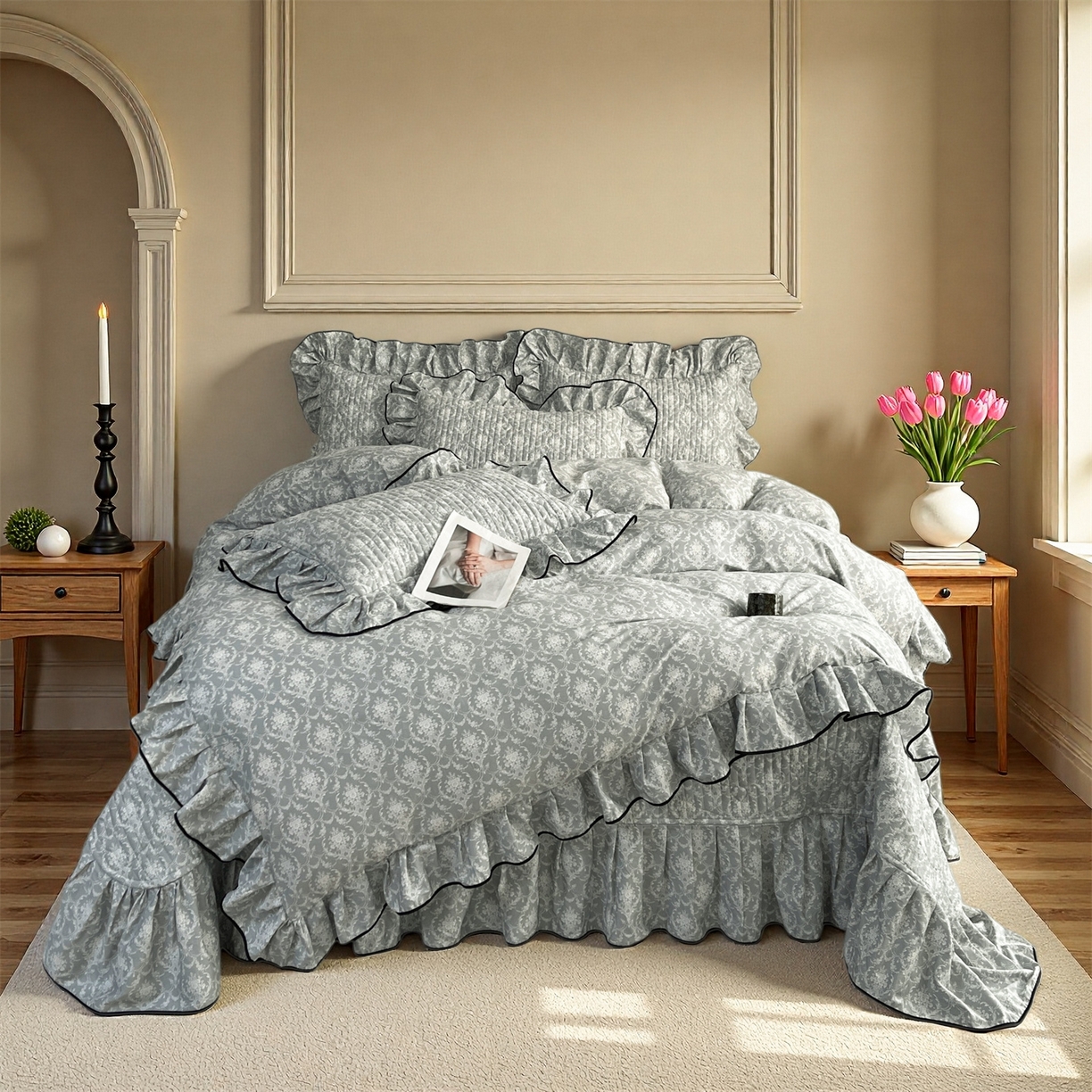 91家纺网 家纺一手货源 找家纺 宜凡家纺 2026新款全棉夹棉印花床盖款三件套 安洛特 灰