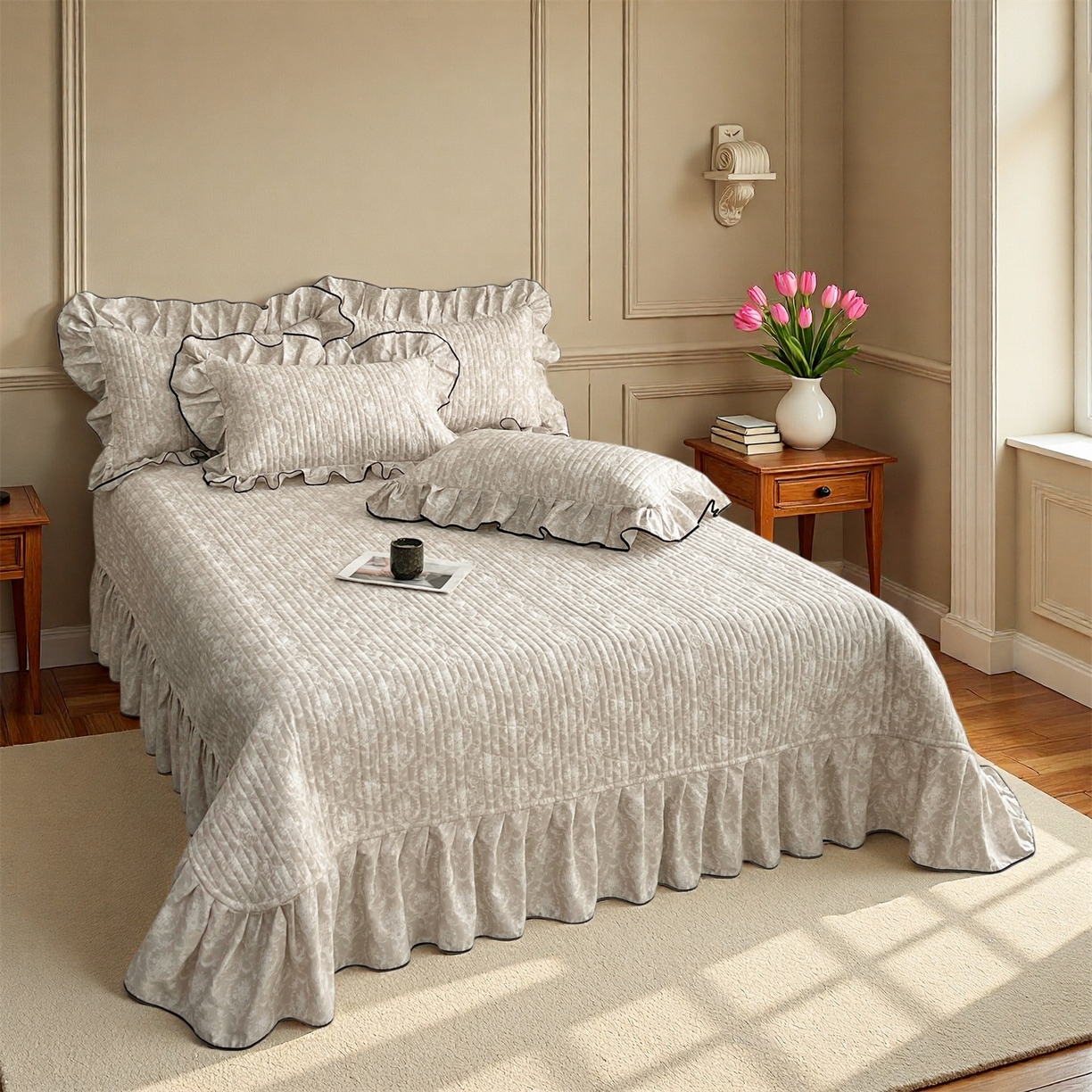 91家纺网 家纺一手货源 找家纺 宜凡家纺 2026新款全棉夹棉印花床盖款三件套 安洛特 米