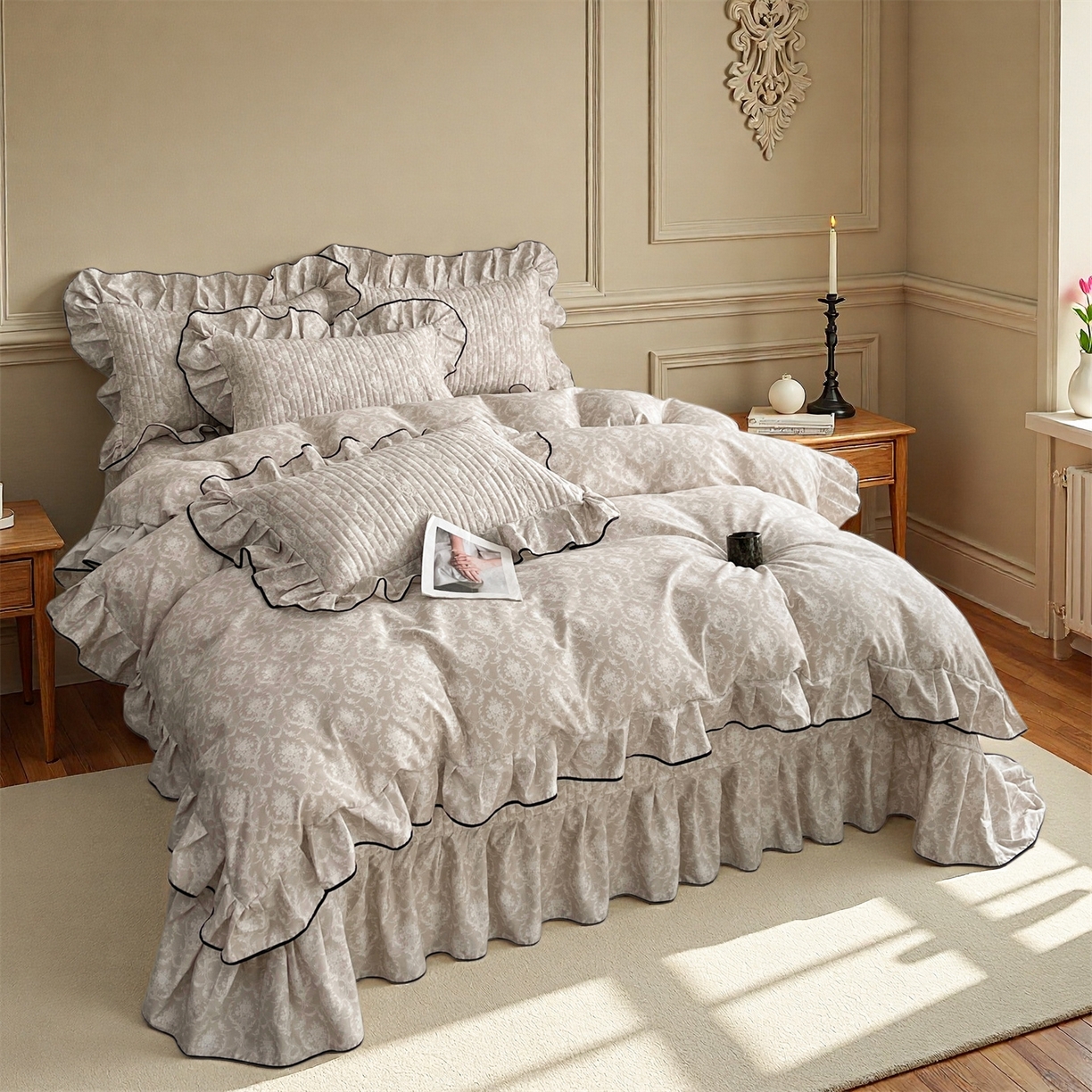 91家纺网 家纺一手货源 找家纺 宜凡家纺 2026新款全棉夹棉印花床盖款三件套 安洛特 米