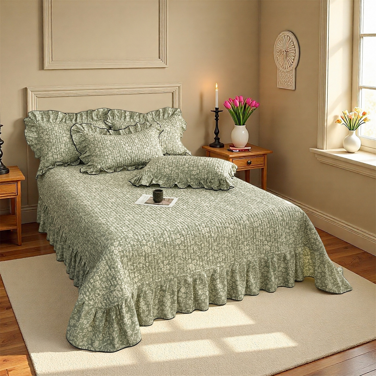 91家纺网 家纺一手货源 找家纺 宜凡家纺 2026新款全棉夹棉印花床盖款三件套 安冉之夏